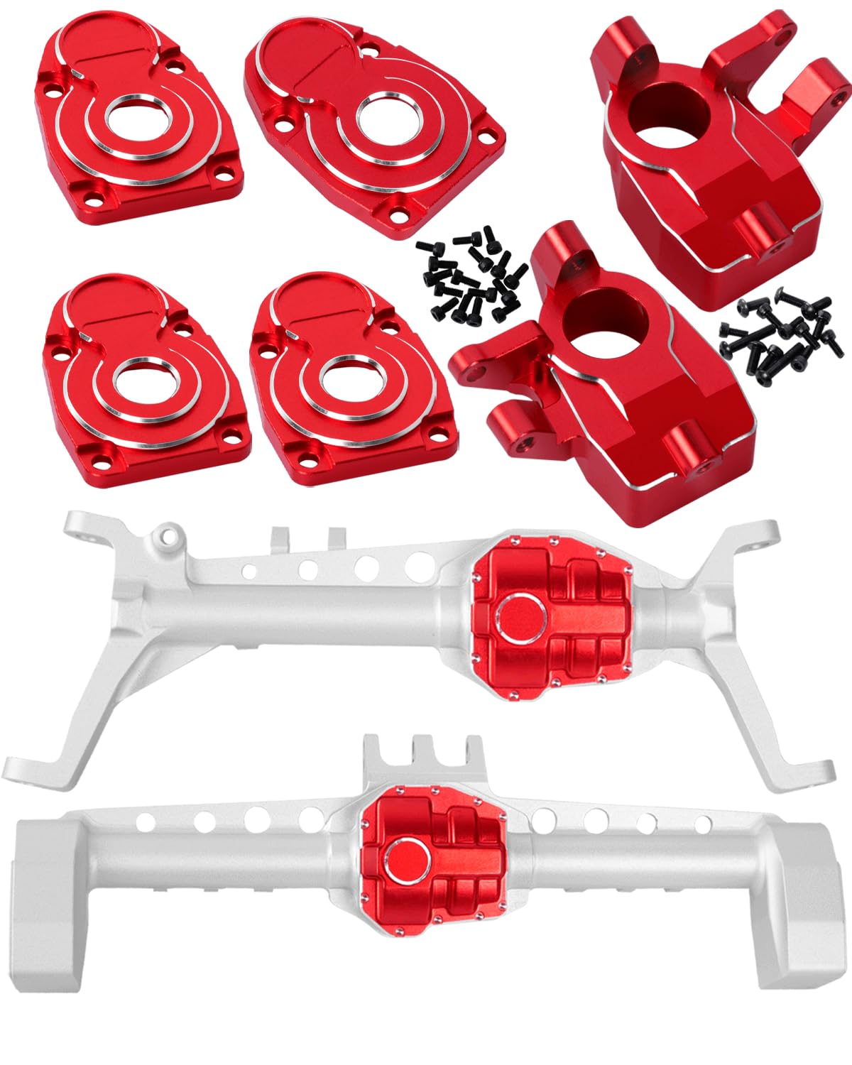 RCHuiWow RC Portal Axle Inner & Outer Portal Cover Upgrades Part for Axial SCX10 III,Front & Rear Portal Axle,2pcs Inner Portal Covers Steering Knuckles,4pcs Outer Portal Cover,Silver w/Red
