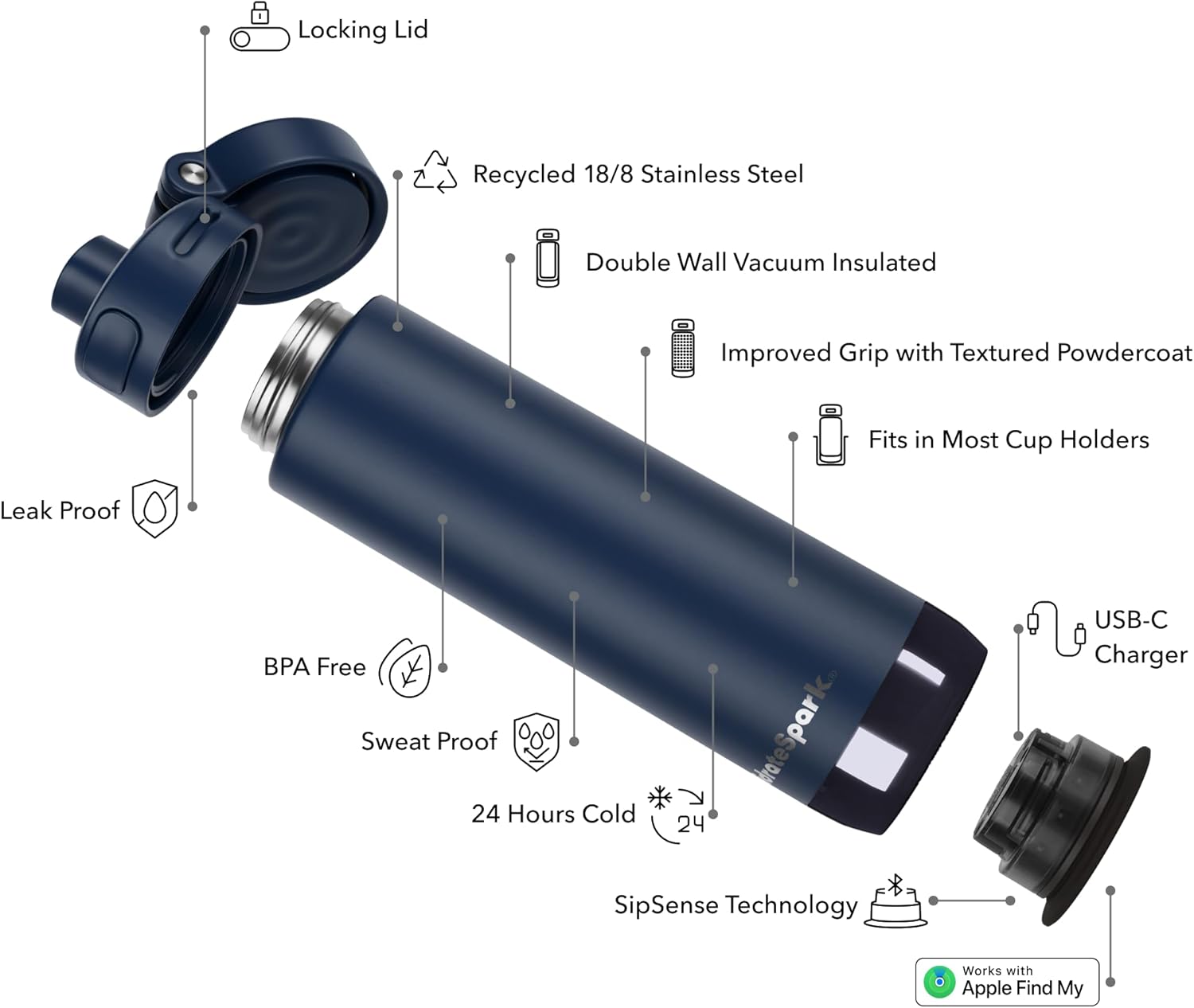 HidrateSpark PRO 2 21 oz Chug – Smart Hydration Bottle with Clinically Accurate Water Tracking & Extended Battery Life – Syncs with Apple Health, Fitbit, Smart Rings & Watches - Navy