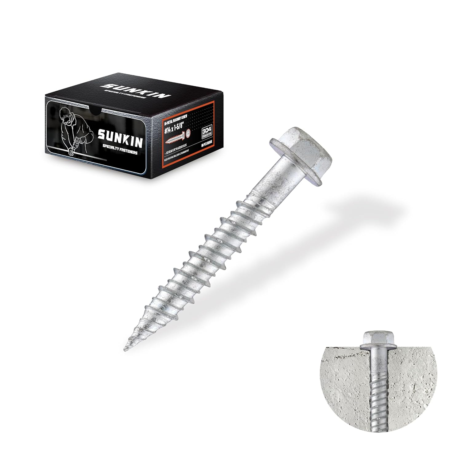 SUNKIN 60PCS Concrete Screws, Bi-Metal Stainless Steel 304, #14 x 1-5/8" Hex Head, Hardened Tip, for Masonry & Concrete, Outstanding Rustproof