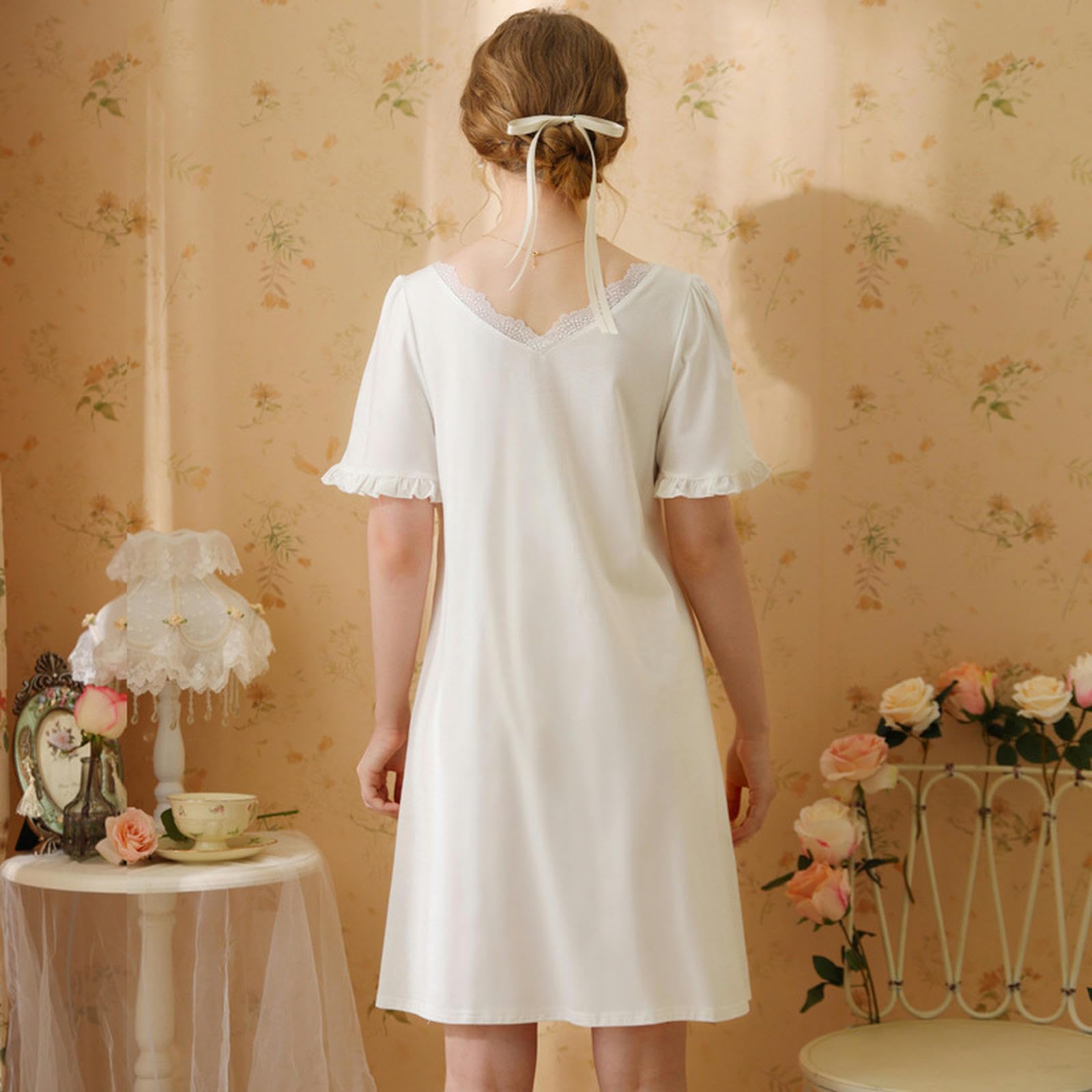 Camicia da Notte Donna Estiva Abito da Notte in Pizzo A Maniche Corte per Ragazze Primavera Ed Estate in Cotone Gonna Corta Dolce Principessa retrò Pigiama con Petto Pad-Bianco-M