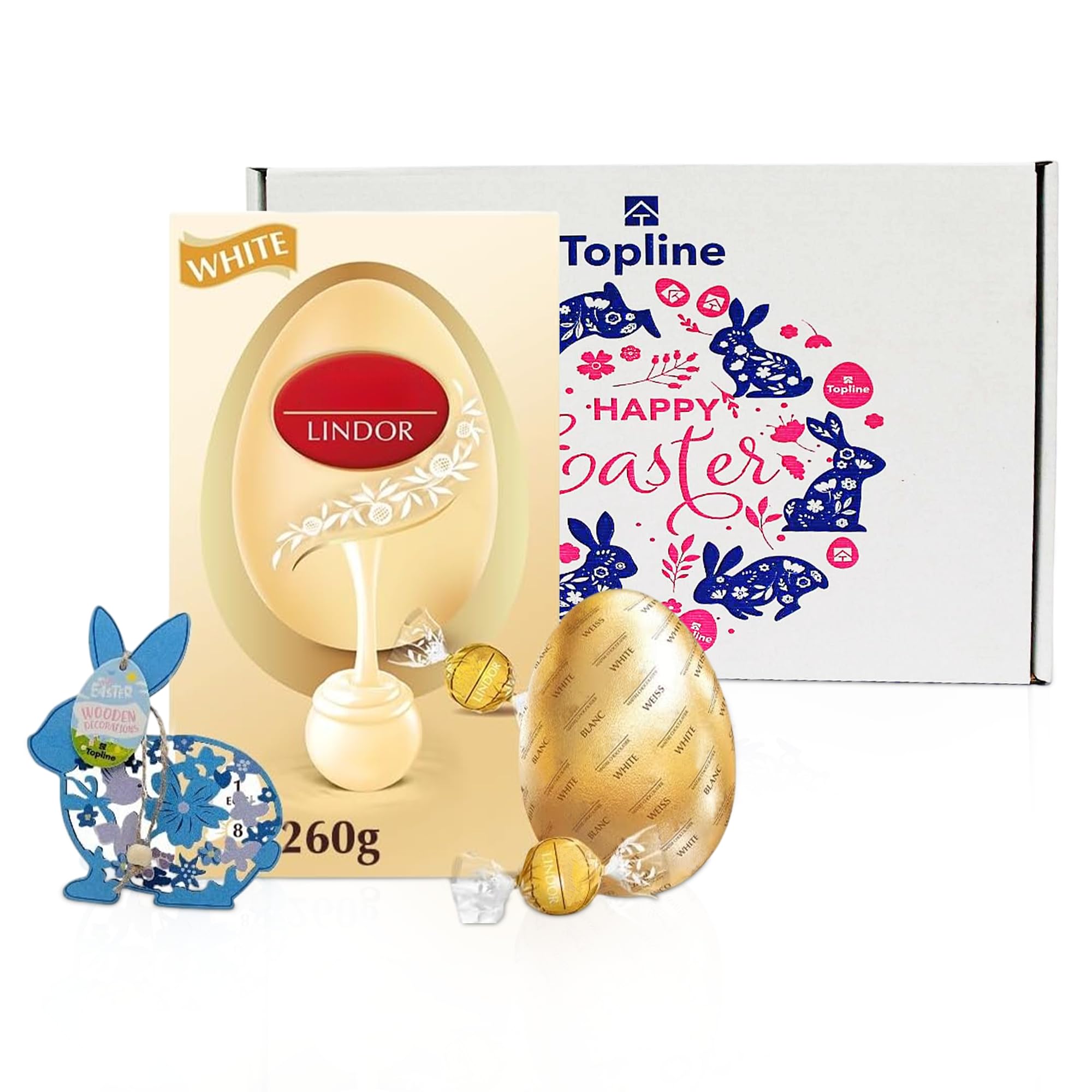 Easter Egg Hamper Gift - Luxury White Chocolate Egg with White Chocolate Truffles 260g and Wooden Topline Decoration. Easter Gifts for Women