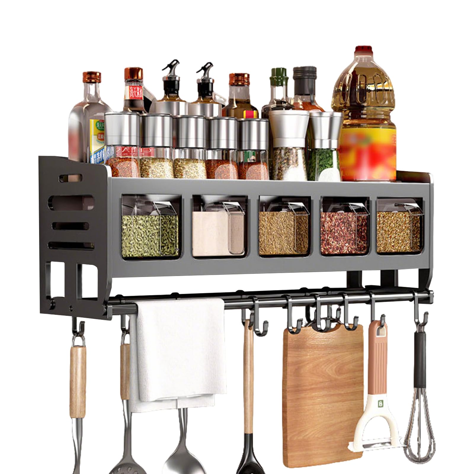 Estantería para especias de cocina con botes de especias, soporte para especias de pie y pared, con estante, soporte para papel de cocina y 12 ganchos, organizador de especias colgante con