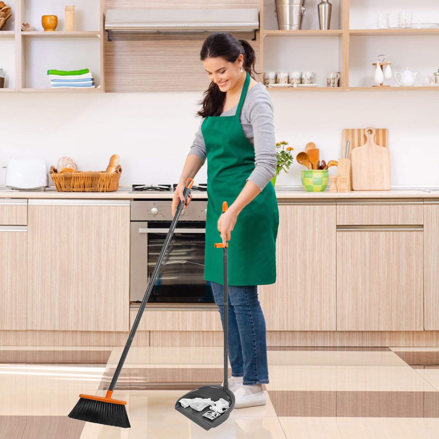 Long Handle Broom with Dustpan Combo Set for Office Home Kitchen Lobby Floor Cleaning Broom Dustpan for Indoor&Outdoor Sweeping
