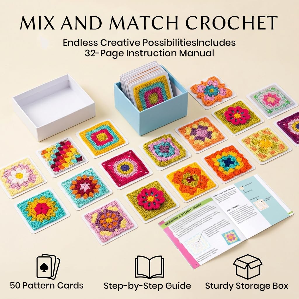 HASTHIP® Granny Square Knitting Pattern Card Deck, 50 Mix-and-Match Crochet Patterns, Granny Square Design Cards for Blankets, Bags & Accessories, Color Guide for Beginners & Advanced Crafters 1