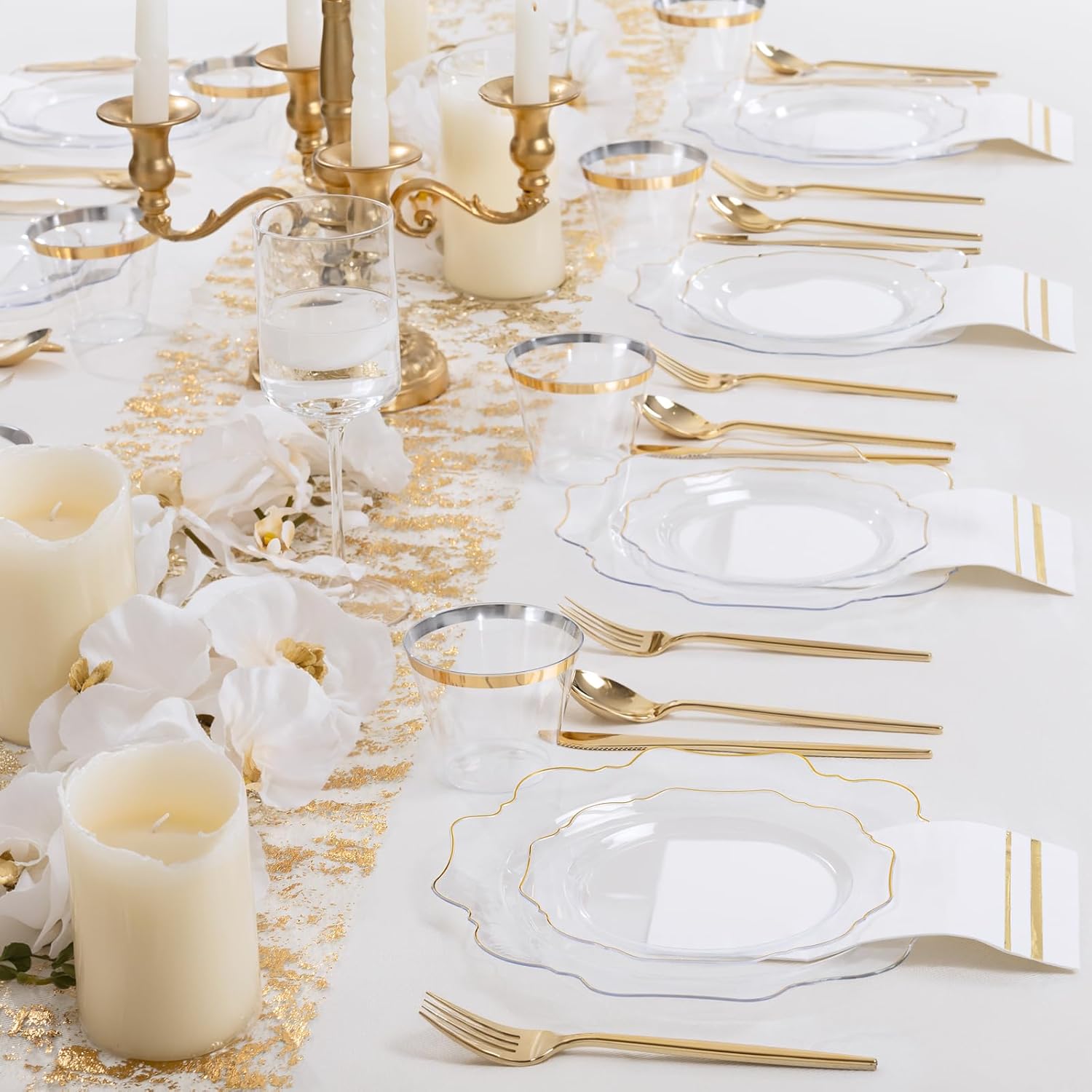 WDF 350Pcs Clear and Gold Plastic Plates - Heavy Duty Clear Plates Disposable - Gold Dinnerware Sets of 100 Plastic Plate 150Silverware 50 Cups 50 Napkins for Wedding Baby Shower Spring