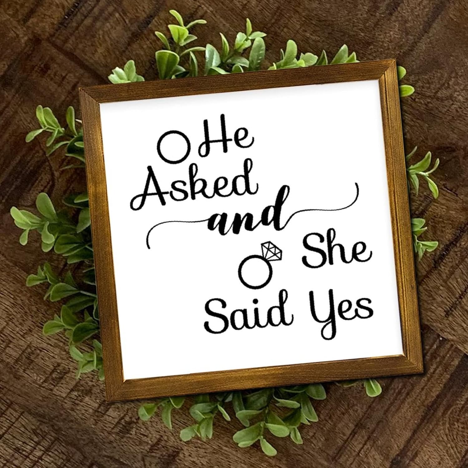He Asked and She Said Yes Framed Wooden Sign Lettering Quotes Porch Sign Classic Wood Decor Farmhouse Wall Hanging Plaque for Home Bathroom Indoor Kitchen Garden Housewarming Gift 12x12 Inch