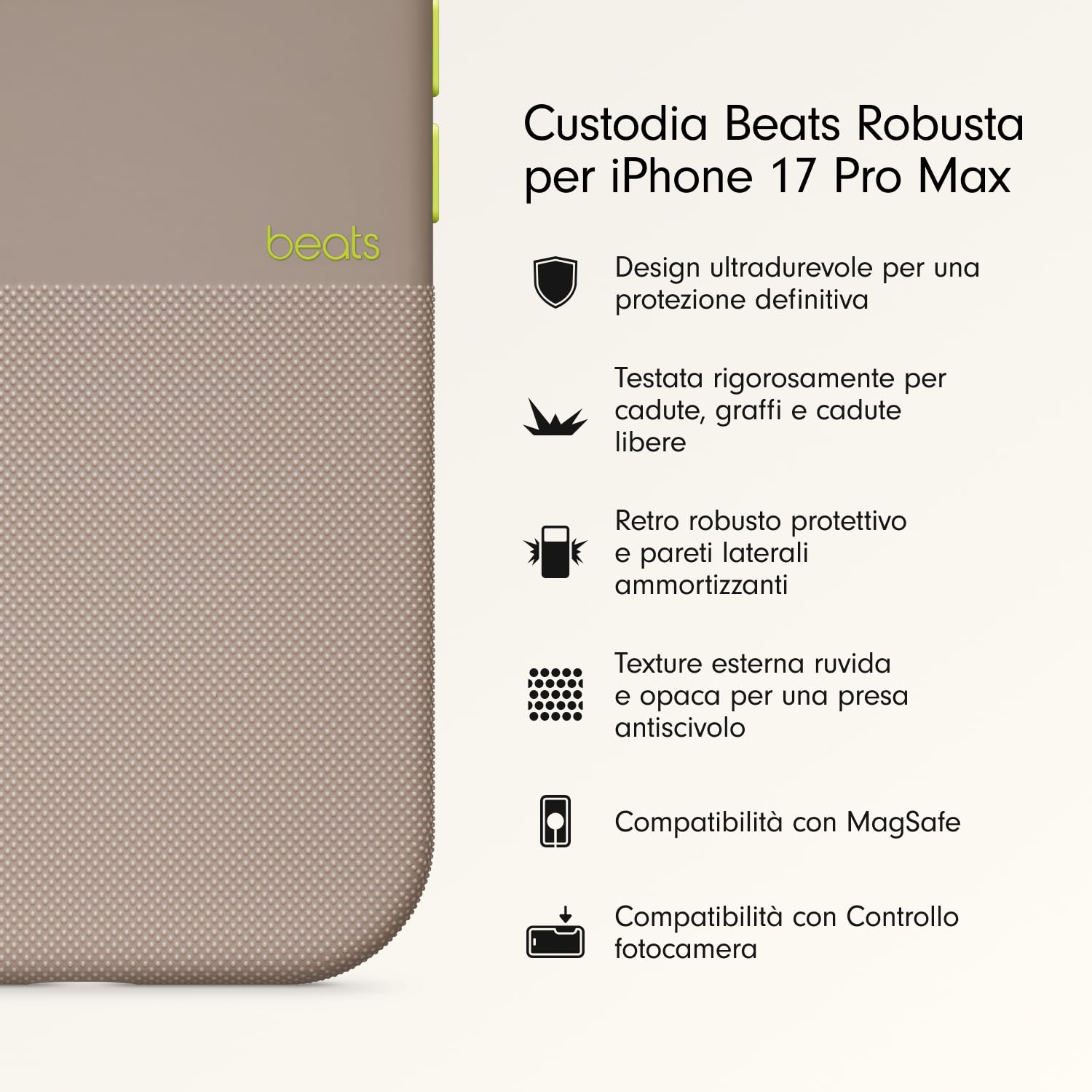 Beats Custodia Robusta per iPhone 17 Pro Max con MagSafe e Controllo fotocamera, testata per graffi e cadute, con texture opaca e fodera in microfibra - Grigio Alpi