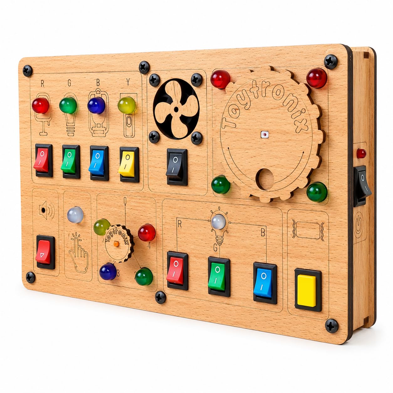 Electronic Busy Board with 17 Activities, RGB LEDs, Rocker, Push Button, Touch Switches, Fan, Buzzer, Vibration, Rotary Dial & Crank Generator, Rechargeable, Montessori Sensory Toy