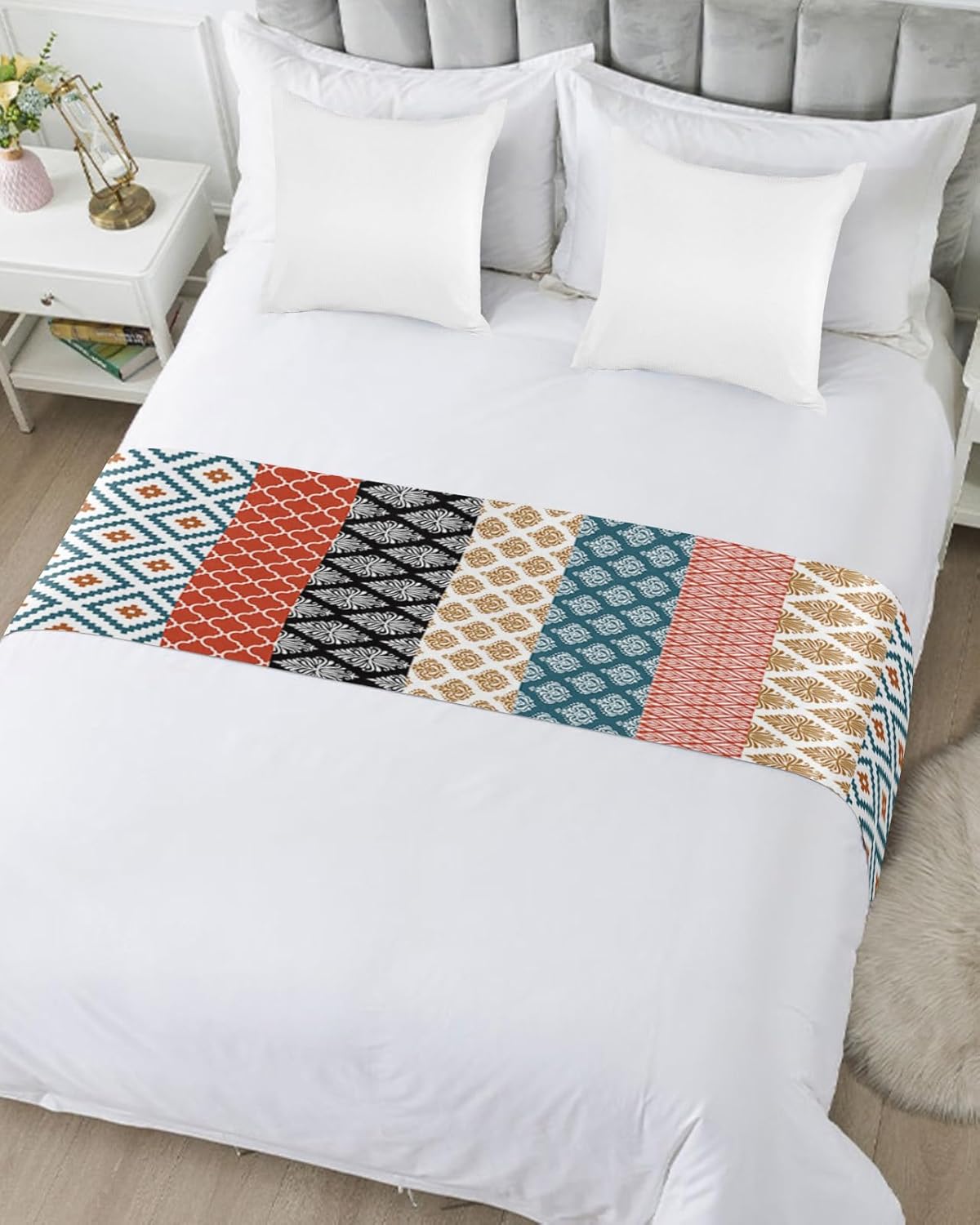 Bed Runner Boho Ethnic Satin Texture Bedroom Bedding Scarves for King Size Bed, 102x20In Bed Runners Scarf for Hotel Guestroom Wedding Room Decortions Ethnic Damask Flower Bohemian