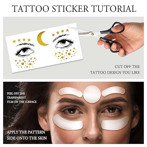 Miniatura 3 de 1 hoja de tatuaje metálico de cara de luna y estrella, tatuaje de transferencia temporal de agua con purpurina dorada para mujeres y niñas