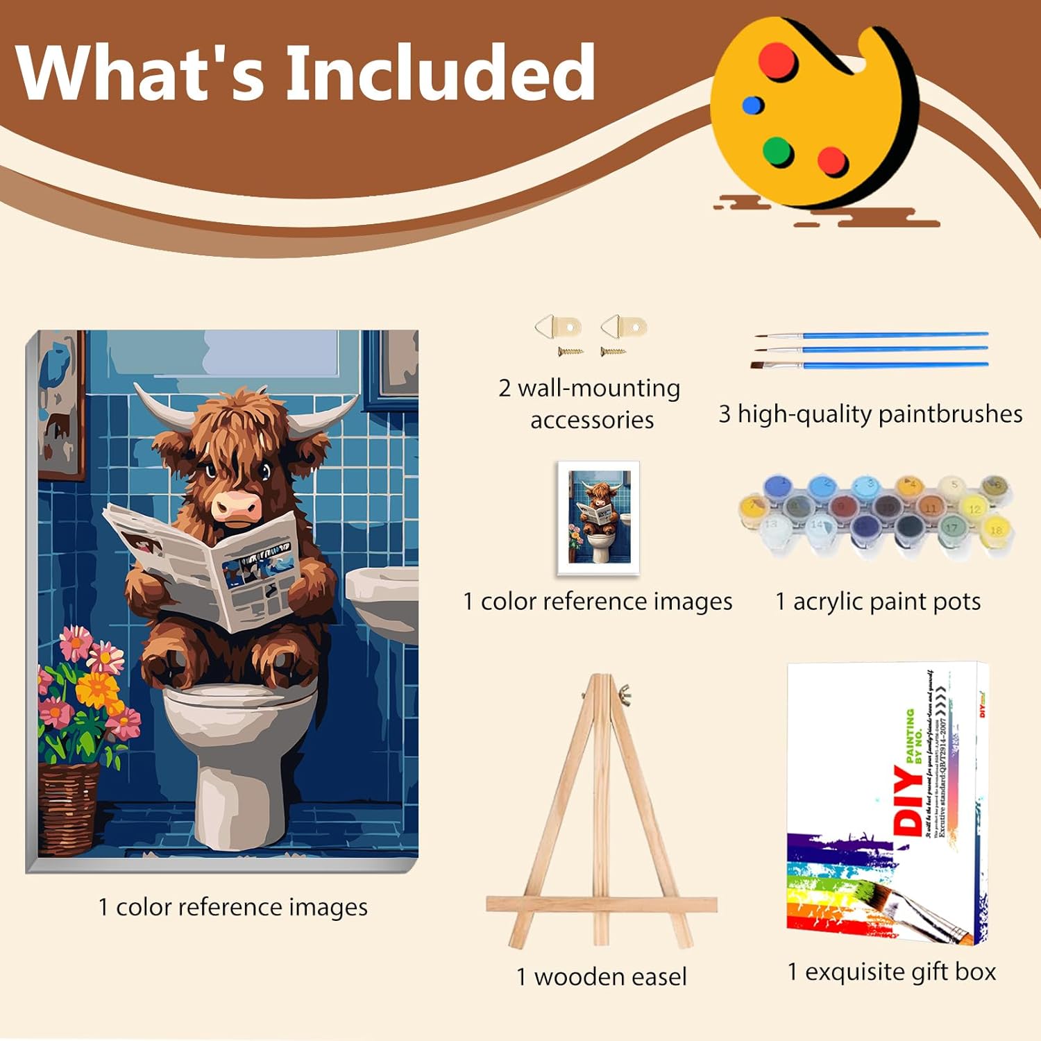 Reivworl Cow Framed Paint by Numbers Kit for Adults with Wooden Easel, Bathroom Paint by Numbers, Painting by Number for Home Decor 16X20 Inch with Gifts Box