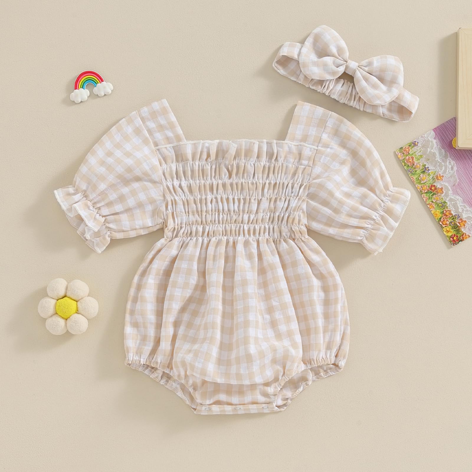 ZAXARRA Infant Baby Girl Plaid Romper Baby Pleated Romper Ruffle Festival Bodysuit Spring Summer Clothes with Headband (Khaki, 0-3 Months)