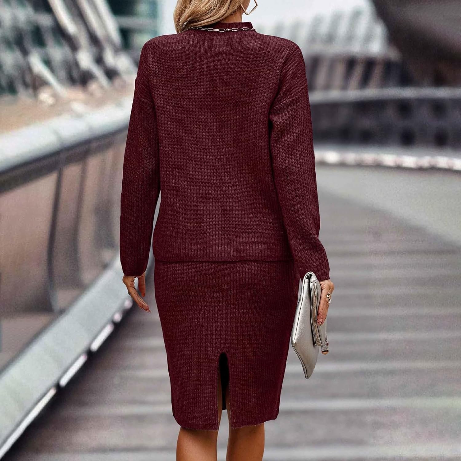Women 2 Piece Turtleneck Knit Sweater Skirt Set Midi Sweater Dress Long Sleeve Pullover Bodycon Knitted Skirt Outfit