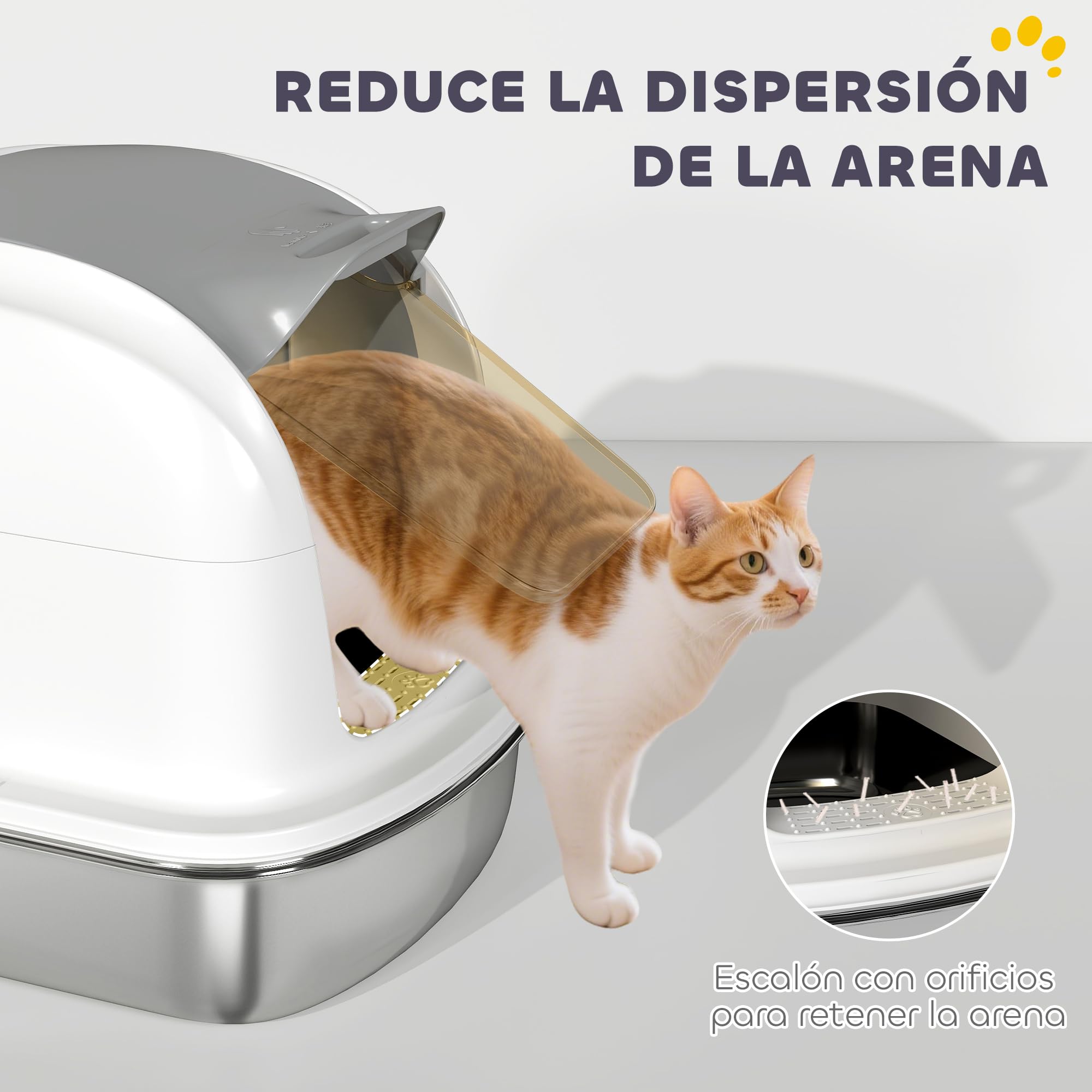 PawHut Arenero para Gatos de Acero Inoxidable XL con Tapa Abatible Blanco | Caja de Arena para Gatos, Laterales Altos, Entrada Superior, Pala, Sin Olores, Fácil de Limpiar, Antifugas