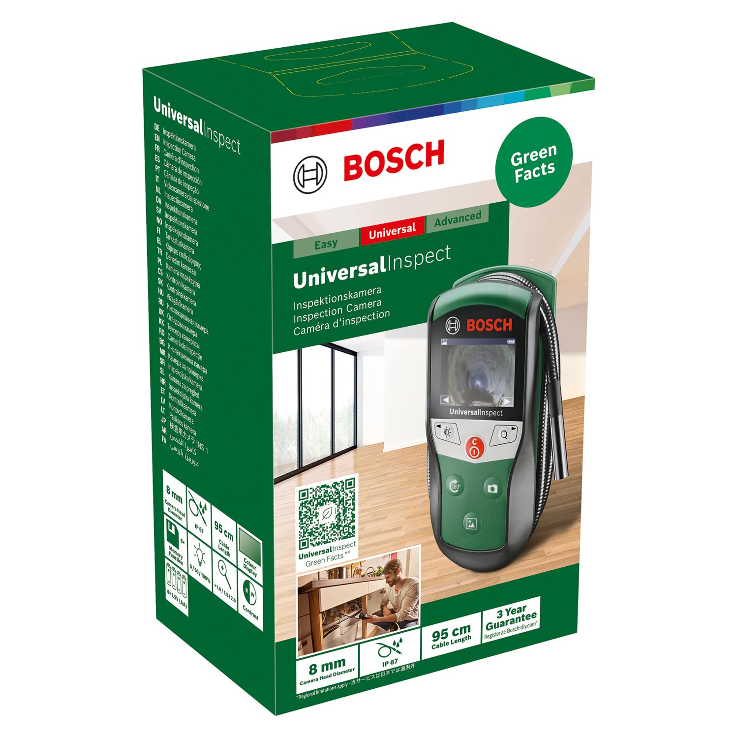 Bosch Caméra d'inspection UniversalInspect (endoscope d'un diamètre de 8 mm avec une longueur flexible de 0,95 m et une fonction mémoire intégrée, dans boîte carton)