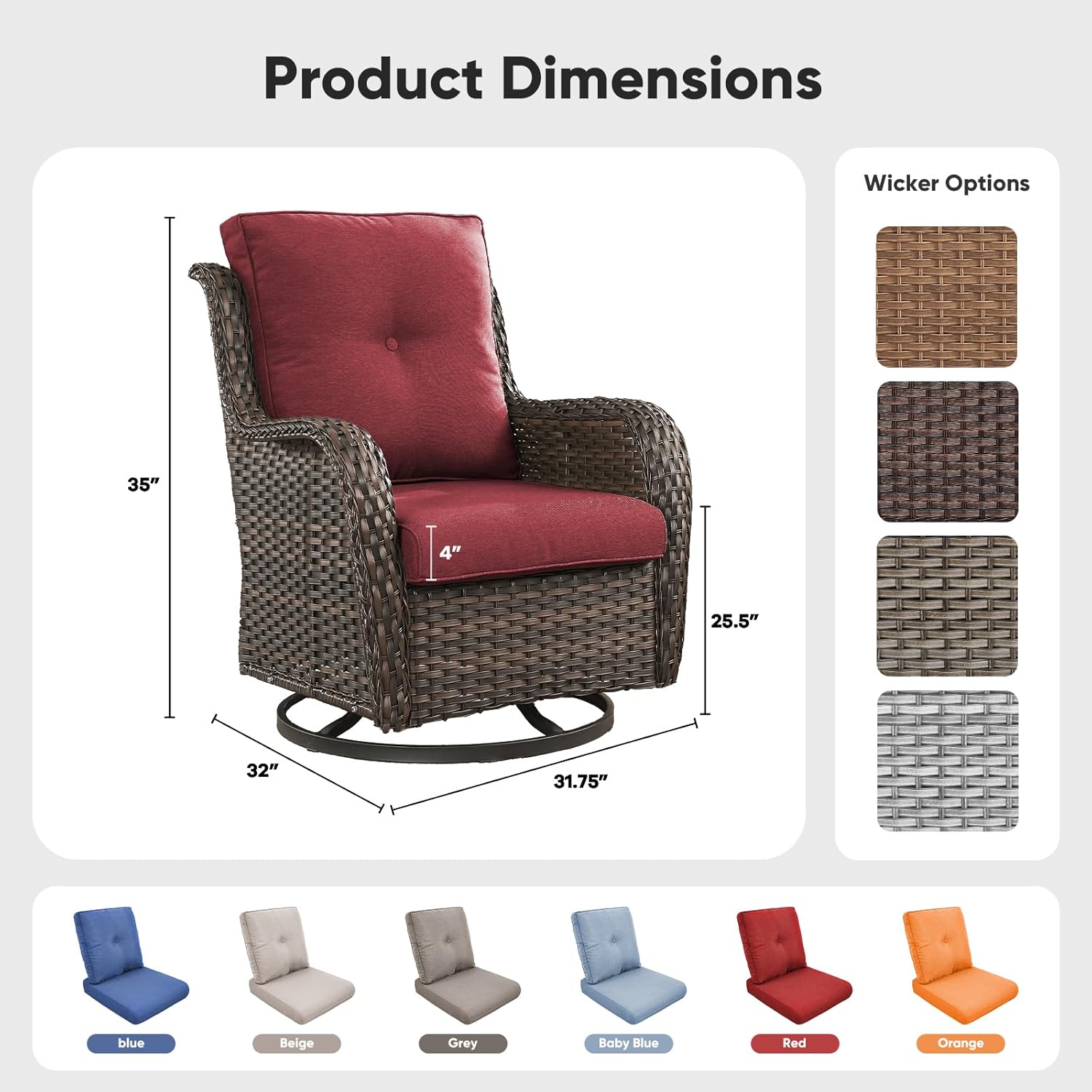 Belord Outdoor Swivel Chairs Set of 2,Patio Wicker Rocker Chairs,All Weather Patio Conversation Furniture Set, Ideal for Porch Balcony Deck Yard, Brown Wicker/Red