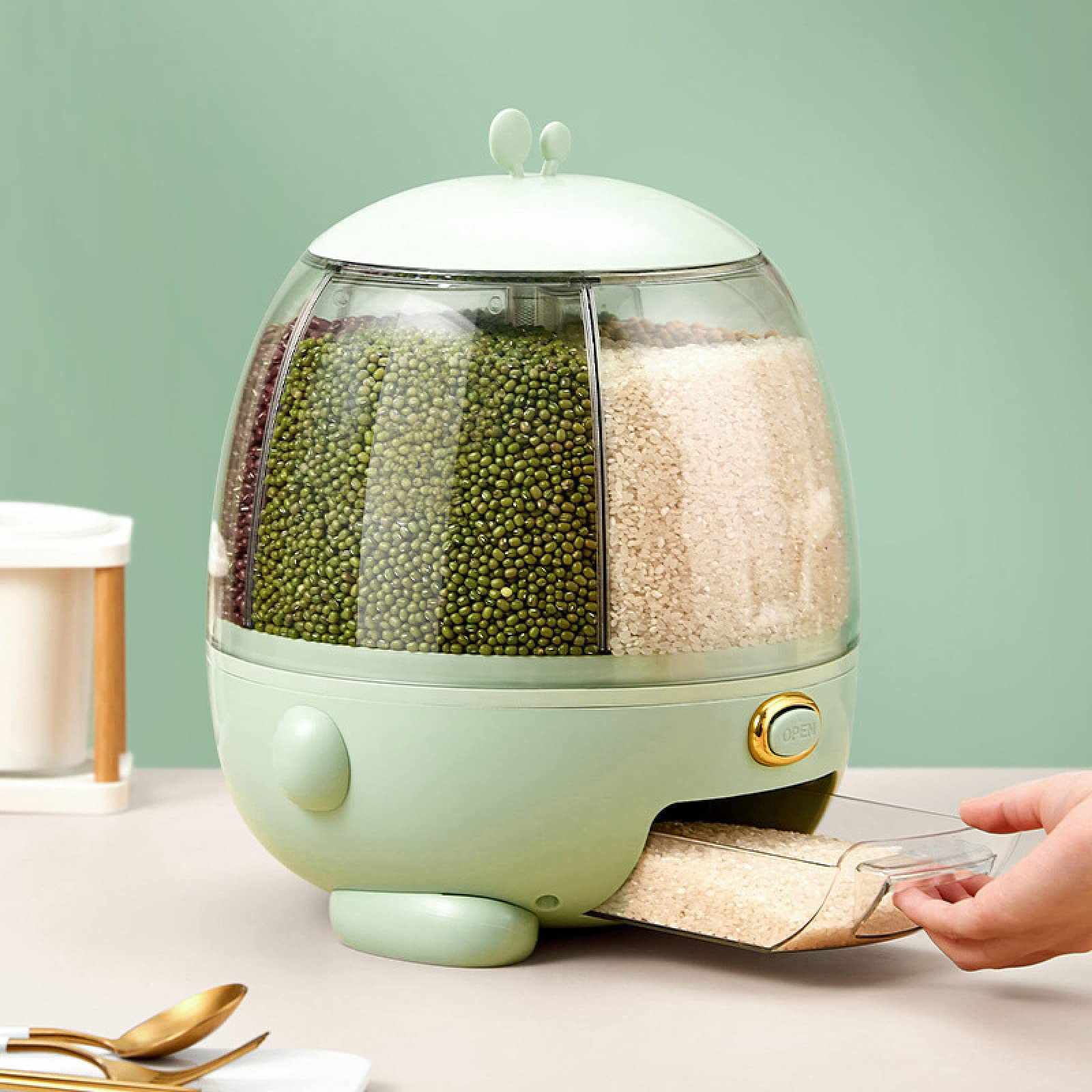 NIBHZ Dispenser per Cereali, distributore di Alimenti a 5 Griglie rotanti a 360 °, Contenitore per Riso e Cereali, Uscita del Riso con Un clic, Serbatoio Rotondo,Green