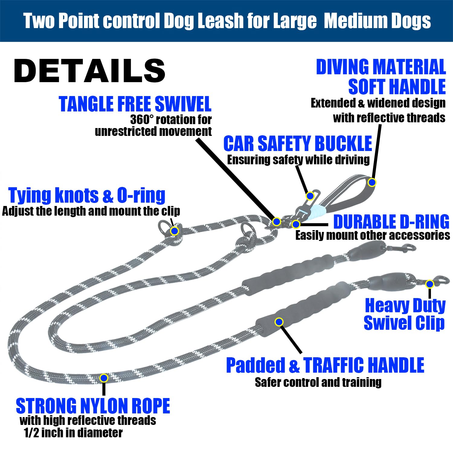 Two Point Control & Hands Free Dog Leash, Waist & Crossbody Leash with Car Seat Belt Clip, Heavy Duty Reflective & Tangle-Free, No Pull Harnesses Compatible for Large Medium Dogs, Black - 4