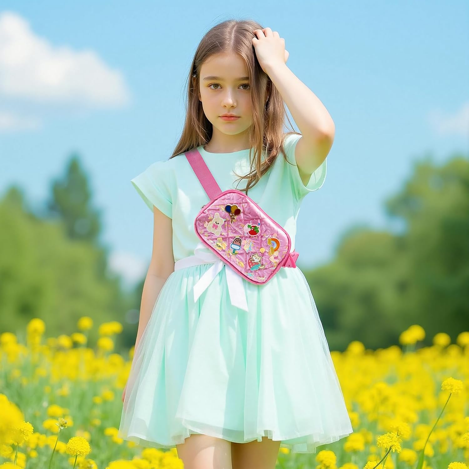 Cute Diy Pink Waist Fanny Pack for Girls, Crossbody Bag Purse Belt Bag,Dance Recital Birthday Gifts for 3 4 5 6 7 8 9 10 11 12 Year Old Kids. (912Rose red)