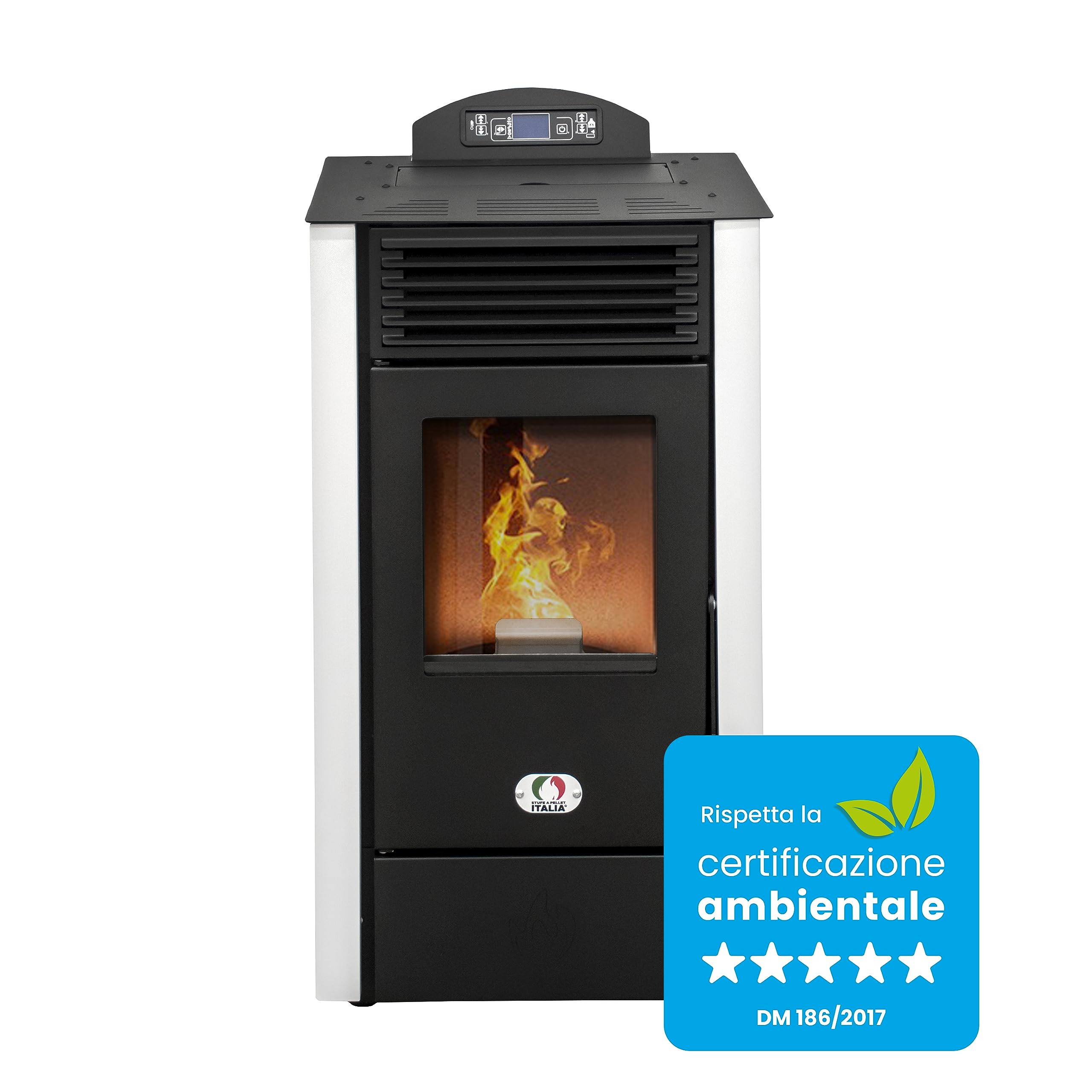 STUFE A PELLET ITALIA California 9 KW 5 estrellas – Estufa de aire ventilada eficiencia 92 % calienta 80 m² autonomía 20 h programable 5 velocidades y potencias diseño compacto garantía 24 meses