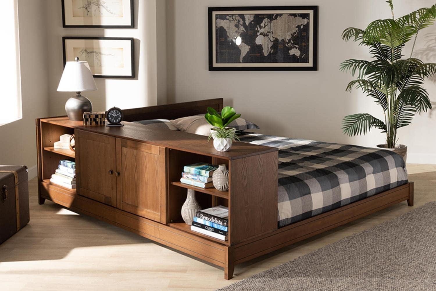 Baxton Studio Kaori Modern and Contemporary Transitional Walnut Brown Finished Wood Queen Size Platform Storage Bed