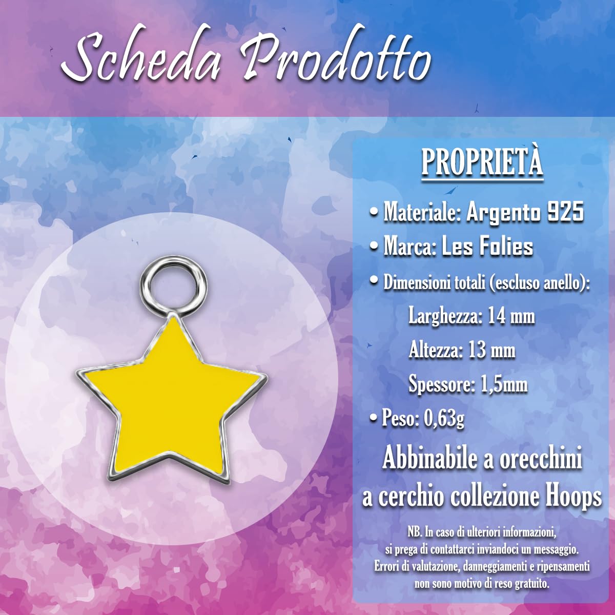 Ciondolo pendente Stella Grande Gialla in argento 925 - Collezione Hoops