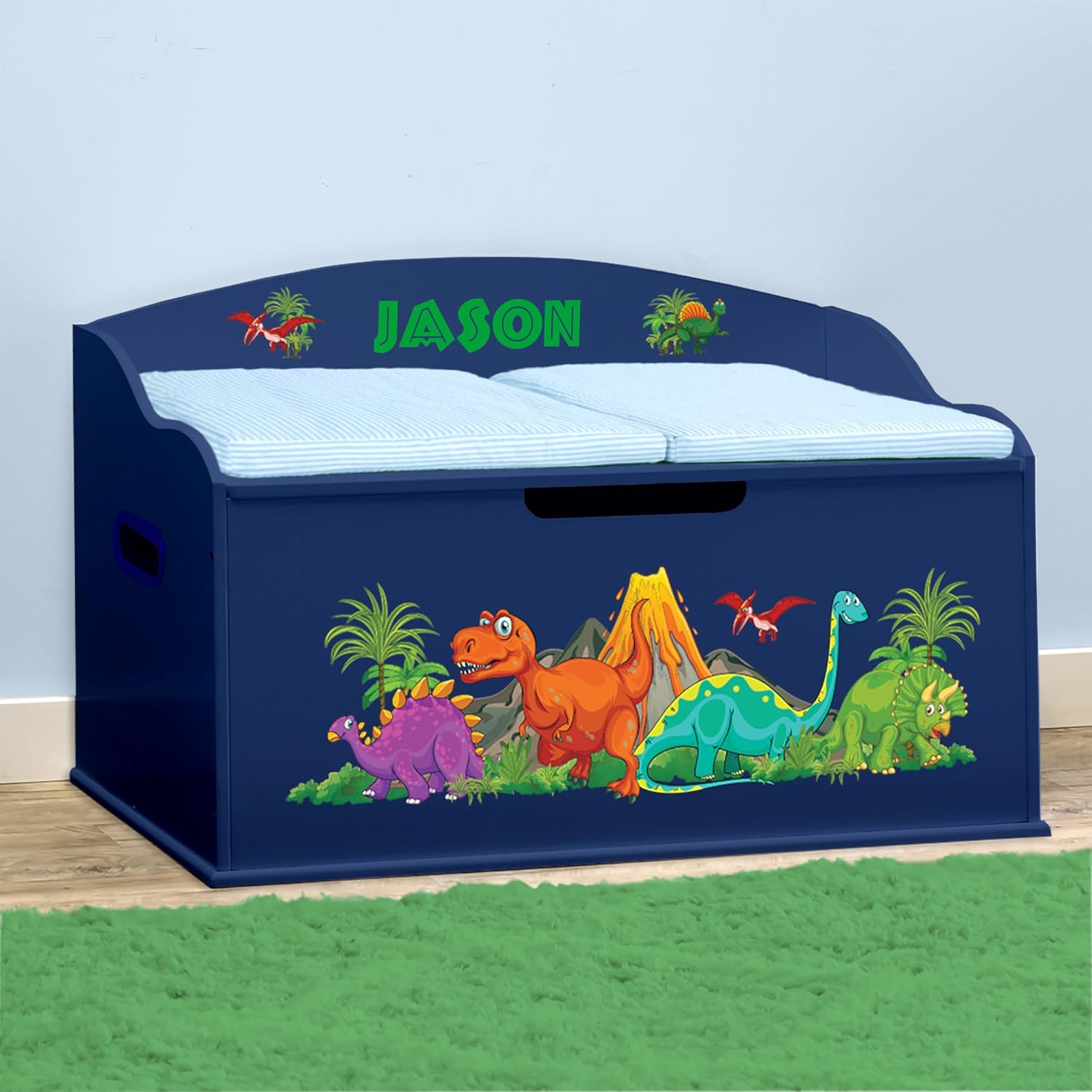 DIBSIES Personalized Creative Wonders Toy Box, Dinosaurs, 30 x 19.25 x 18 inches, Soft-Close Lid (Blue)