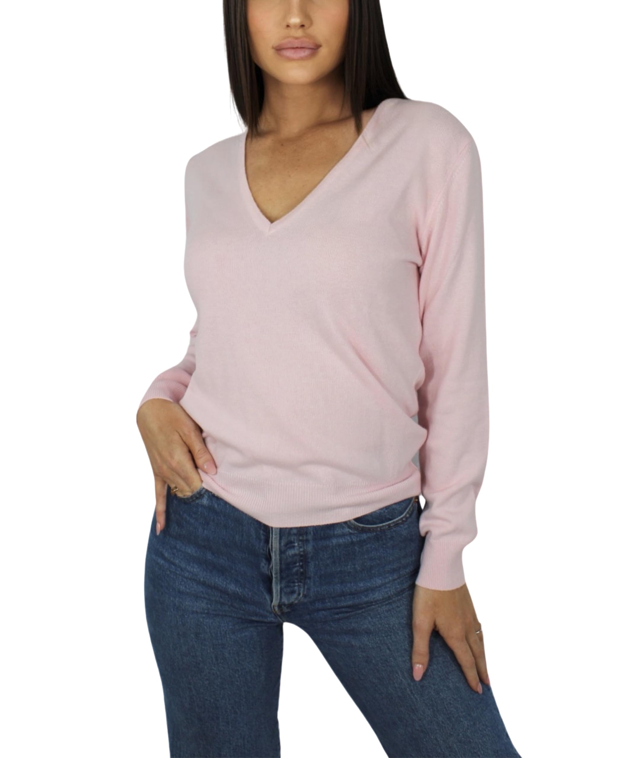 Win's Women's Cashmere V-Neck Sweater, Made in Italy, pale pink, XL