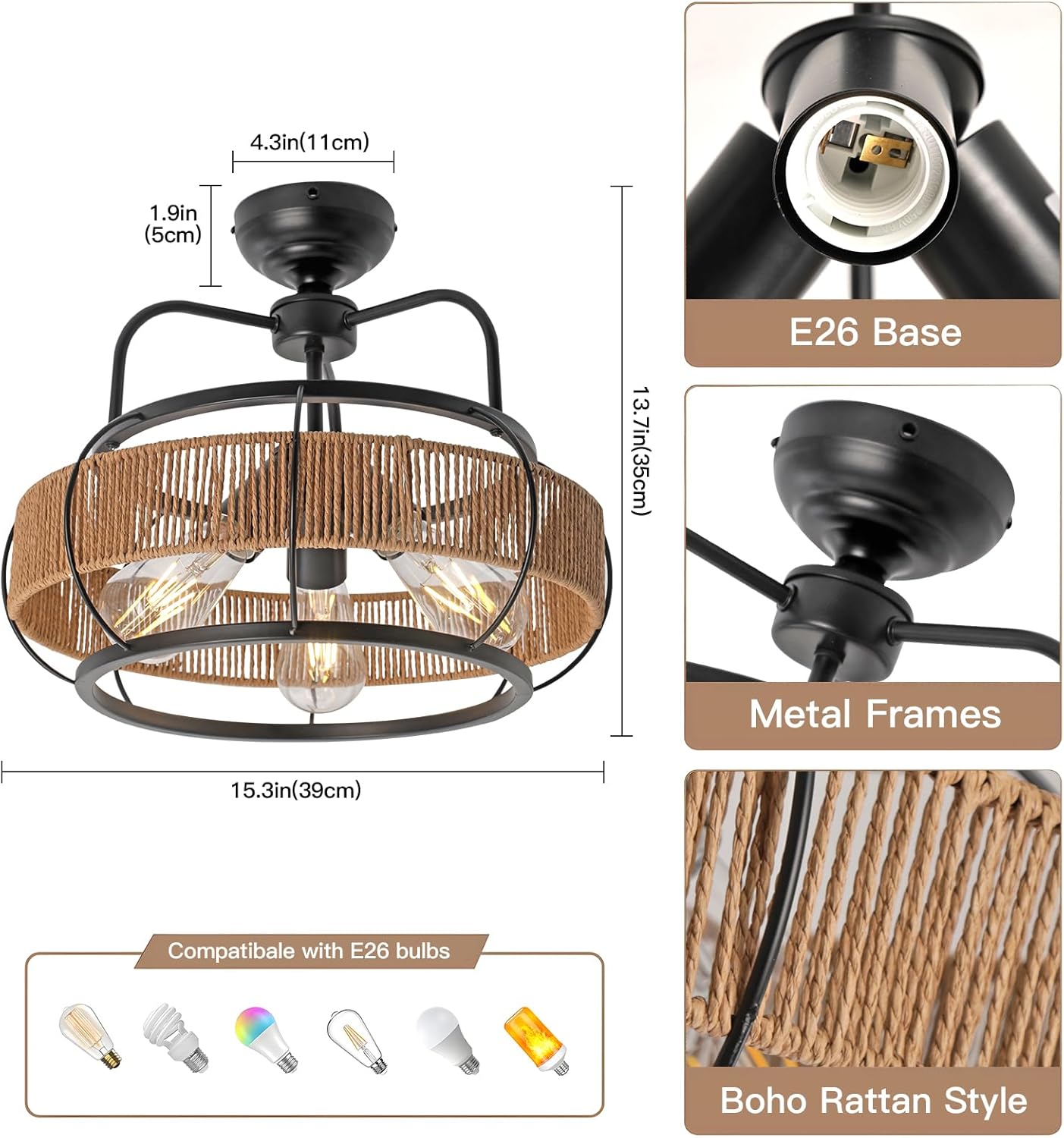 KEESFU 3-Light Rattan Light Fixtures Ceiling Light,Boho Light Fixtures Ceiling Mount for Bedroom,Black Industrial Metal Ceiling Light or Hallway Bedroom Kitchen Foyer.