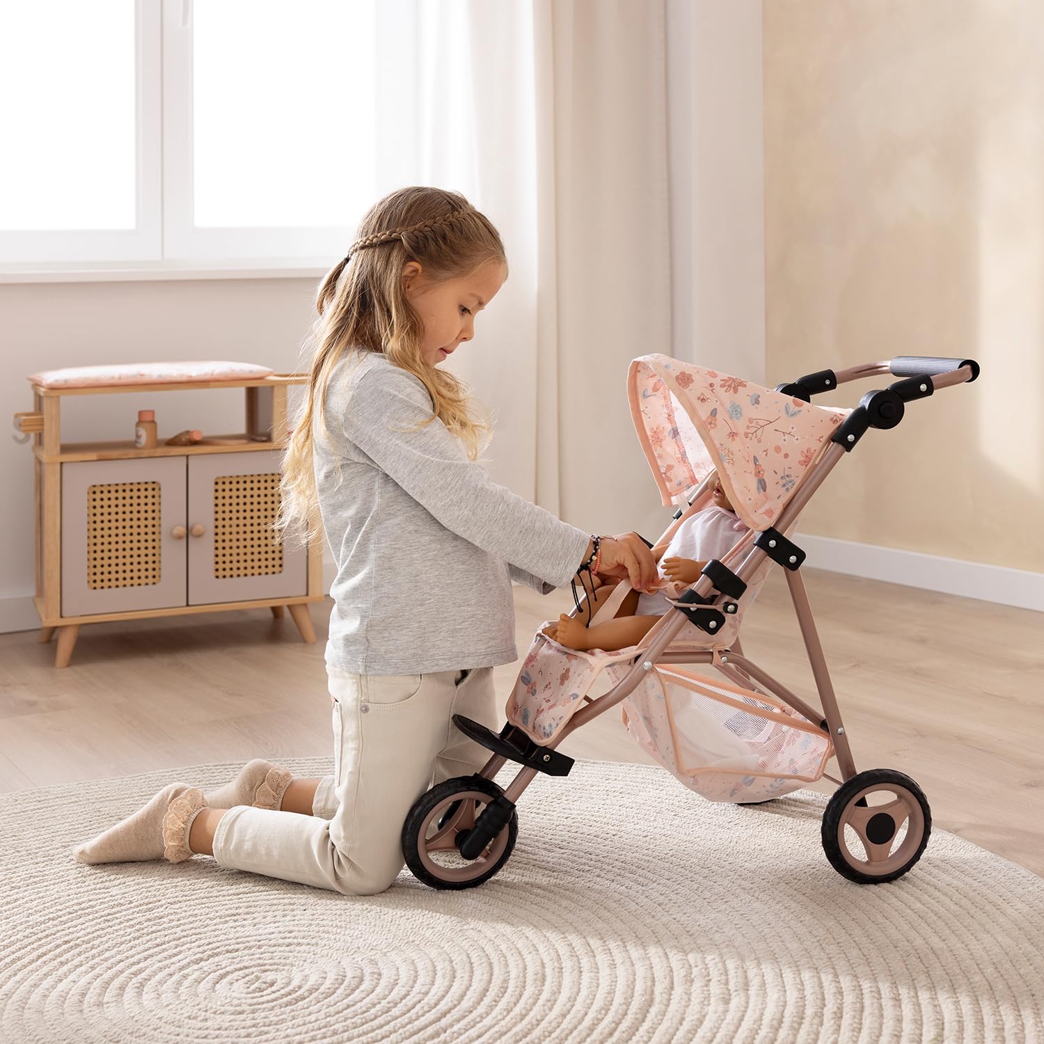 howa Puppenbuggy „miniflowers“ – eleganter Puppenwagen - Jogger für Puppen bis 50 cm, Puppenjogger mit höhenverstellbaren Schiebegriff 2260