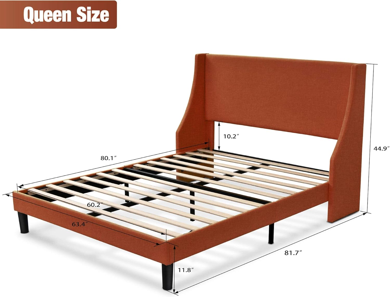 HOOMIC Queen Size Bed Frame, Modern Fabric Upholstered Wingback Platform Bed with Headboard, Strong Wood Slats Support, Mattress Foundation, No Box Spring Needed, Easy Assembly, Burnt Orange