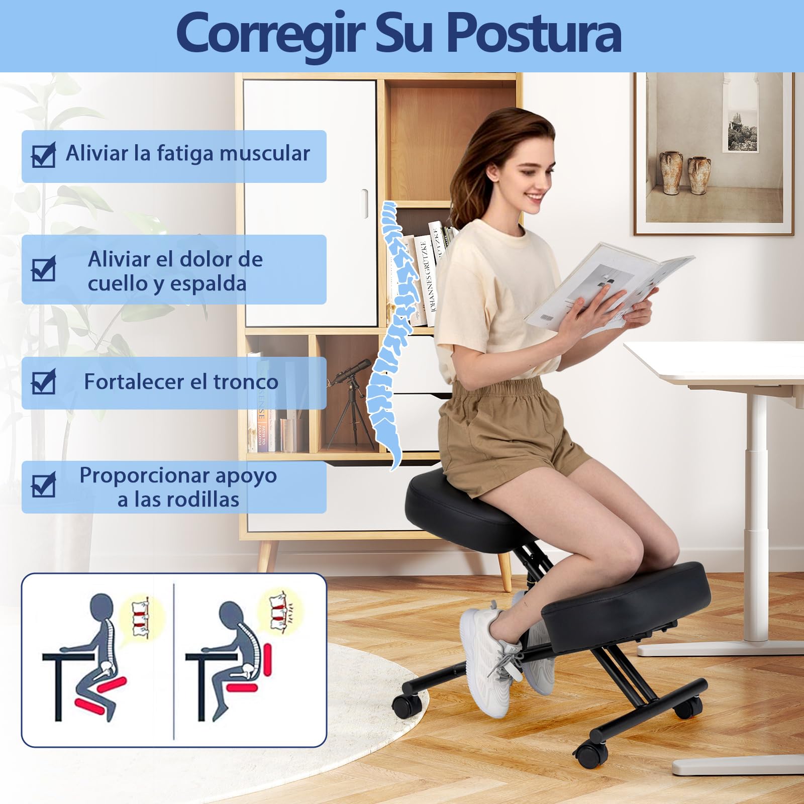 COSTWAY Silla Ergonomica Rodillas, Ajustable en Altura, Cojines de Espuma, Taburete Corrector de Postura con Asiento Inclinado para Aliviar el Dolor, Silla de Oficina con Ruedas Universales