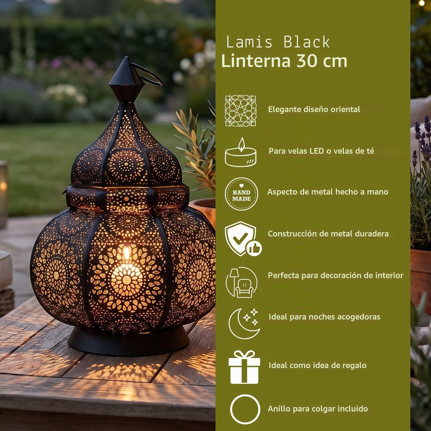 Farol portavelas Oriental de Metal - Candelabro para el jardín - Decorativo para la Mesa - Ziva Negro - transmite Buen Ambiente - Pasa un Buen rato en el jardín