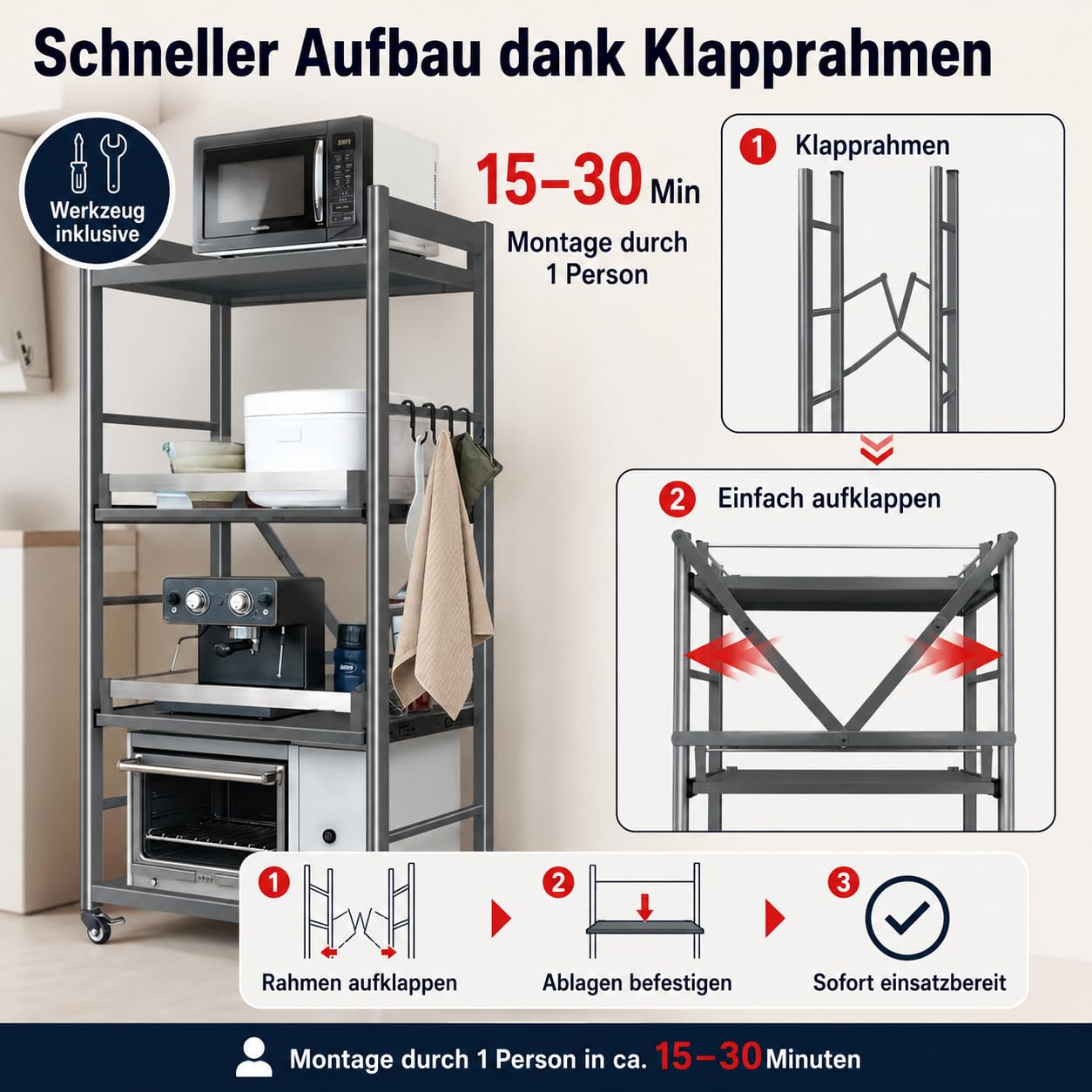 Küchenregal mit Rollen, 4 Ebenen Standregal aus Stahl bis 150 kg | Vollauszug•Mehr Arbeitsfläche•Rostgeschützter Karbonstahl•Höhenverstellbar•60cm Breit•Ideal für Mikrowelle & Airfryer