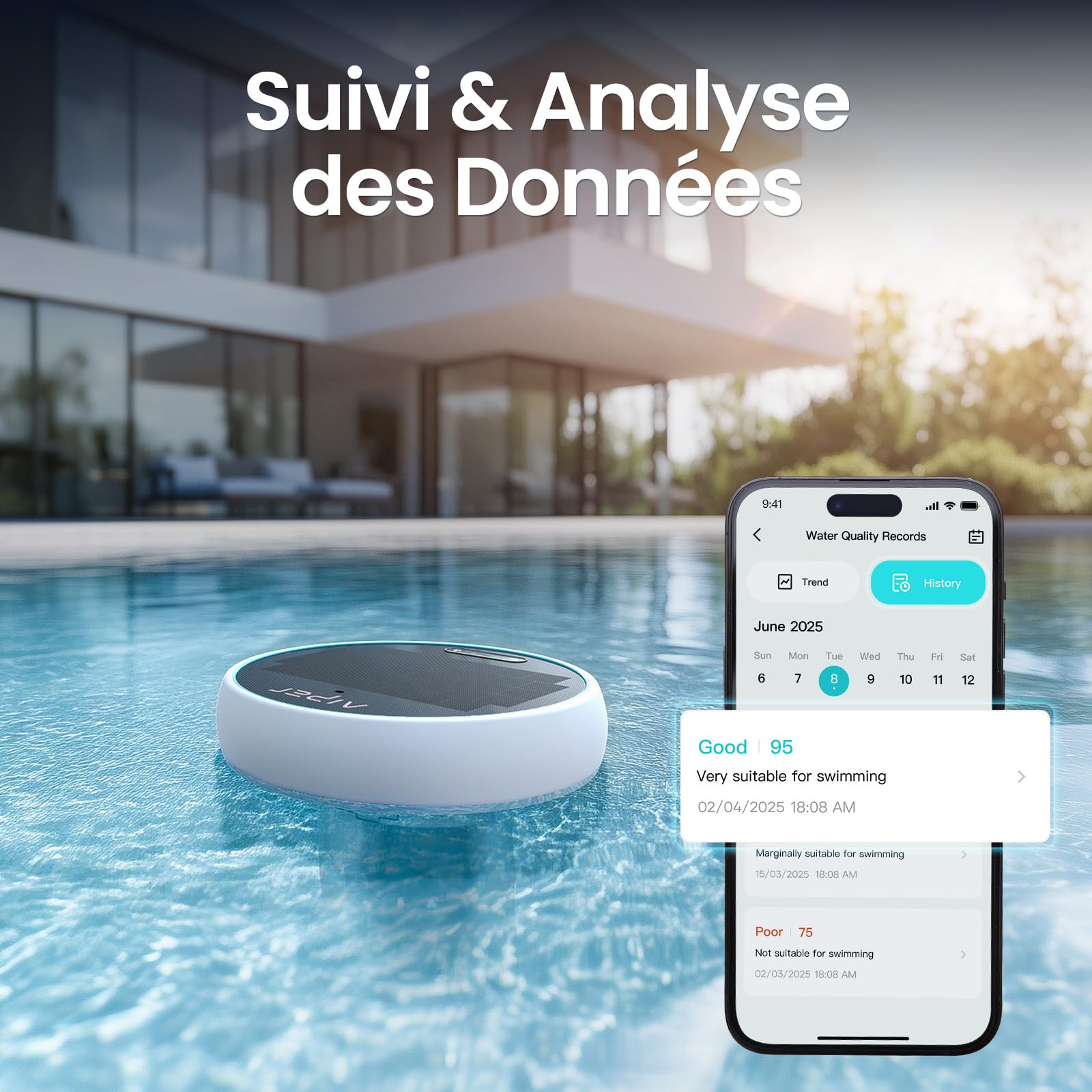 AIPER HydroComm Analyseur d'eau de Piscine Connecté, 5-en-1 Testeur pH, ORP, EC, TDS & Température, Surveillance Numérique 24/7, Application Mobile avec Conseils Personnalisés, Solaire + Batterie
