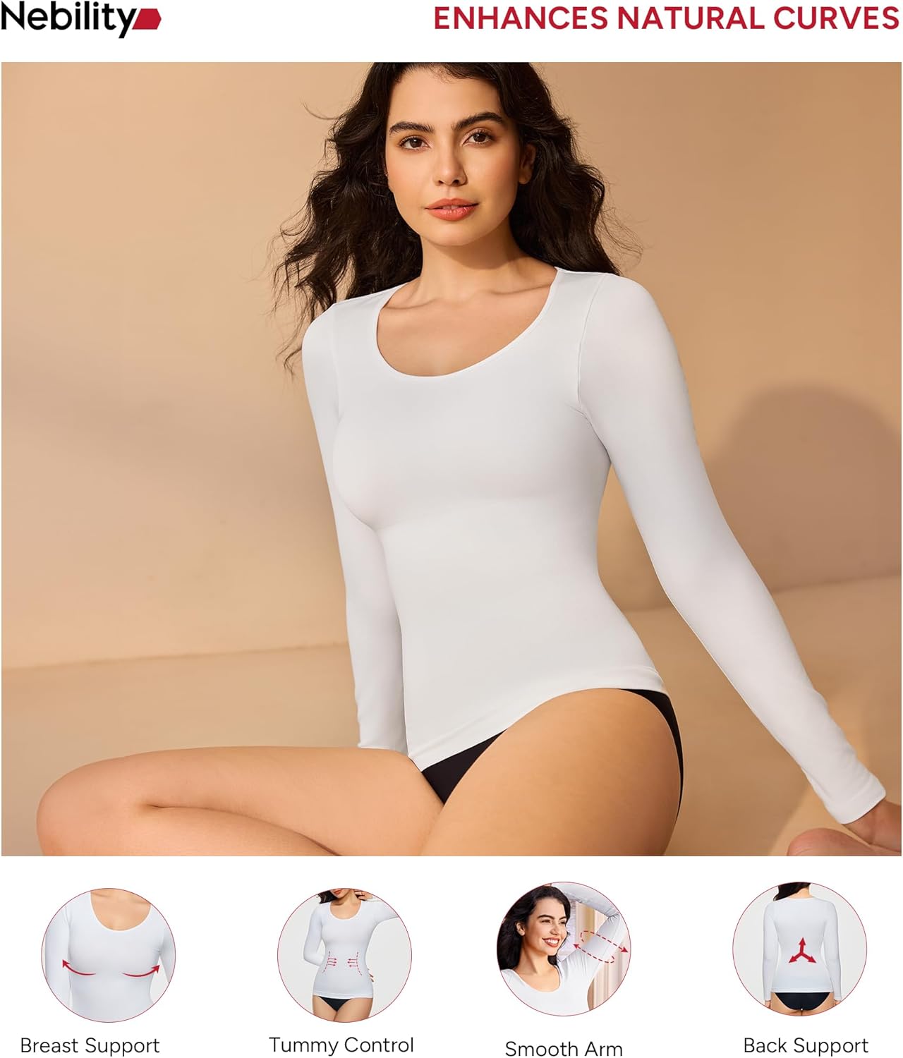 Nebility Tummy Control Shaperwear for Women Long Sleeve T Shirts Compression Tank Tops Scoop Neck Seamless Body Shaper - Image 6