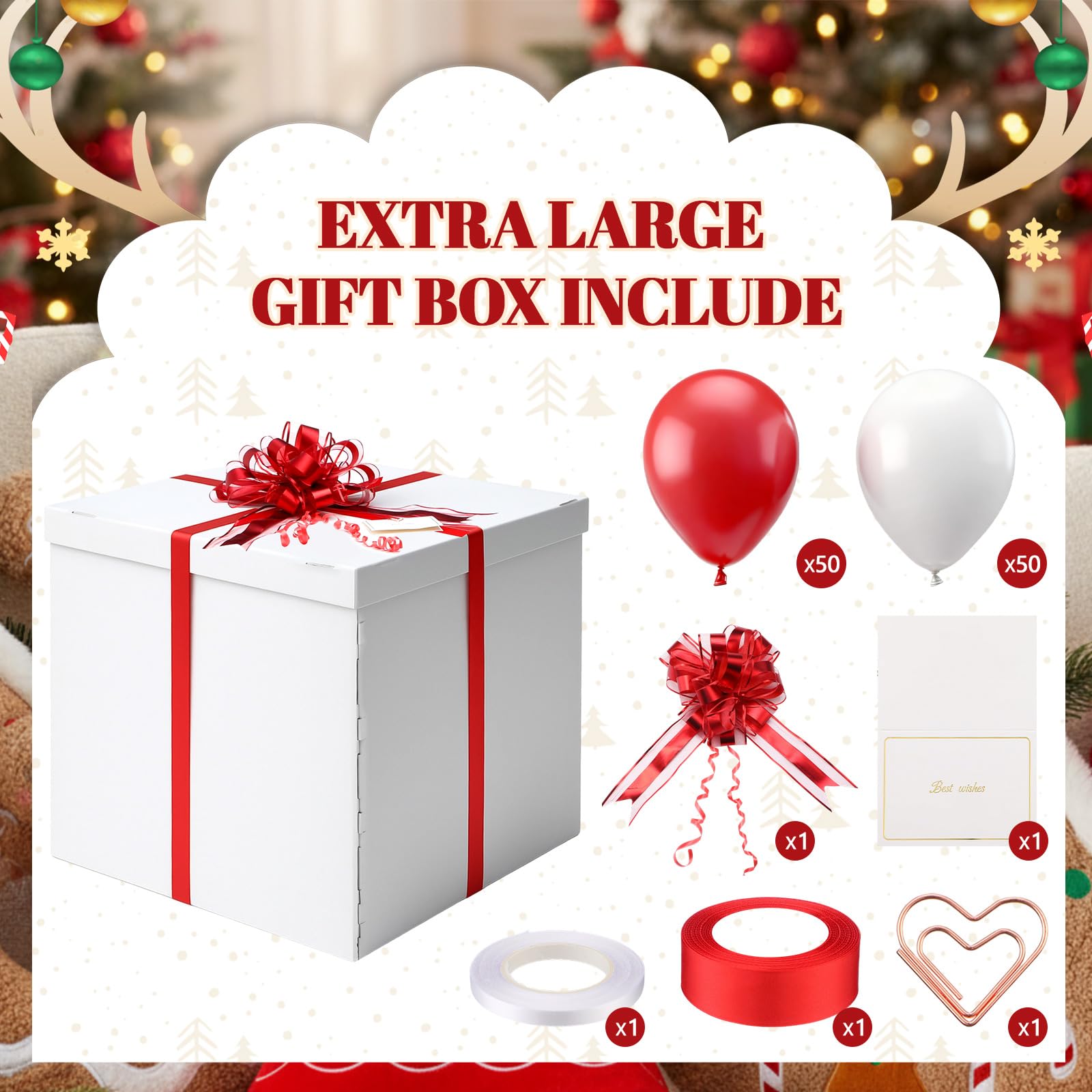 Kolldenn Boîte cadeau de Noël géante extra large 71 x 71 x 71 cm avec couvercle, ruban rouge et blanc, carte de vœux et 100 ballons pour grands cadeaux pour Noël, anniversaire surprise