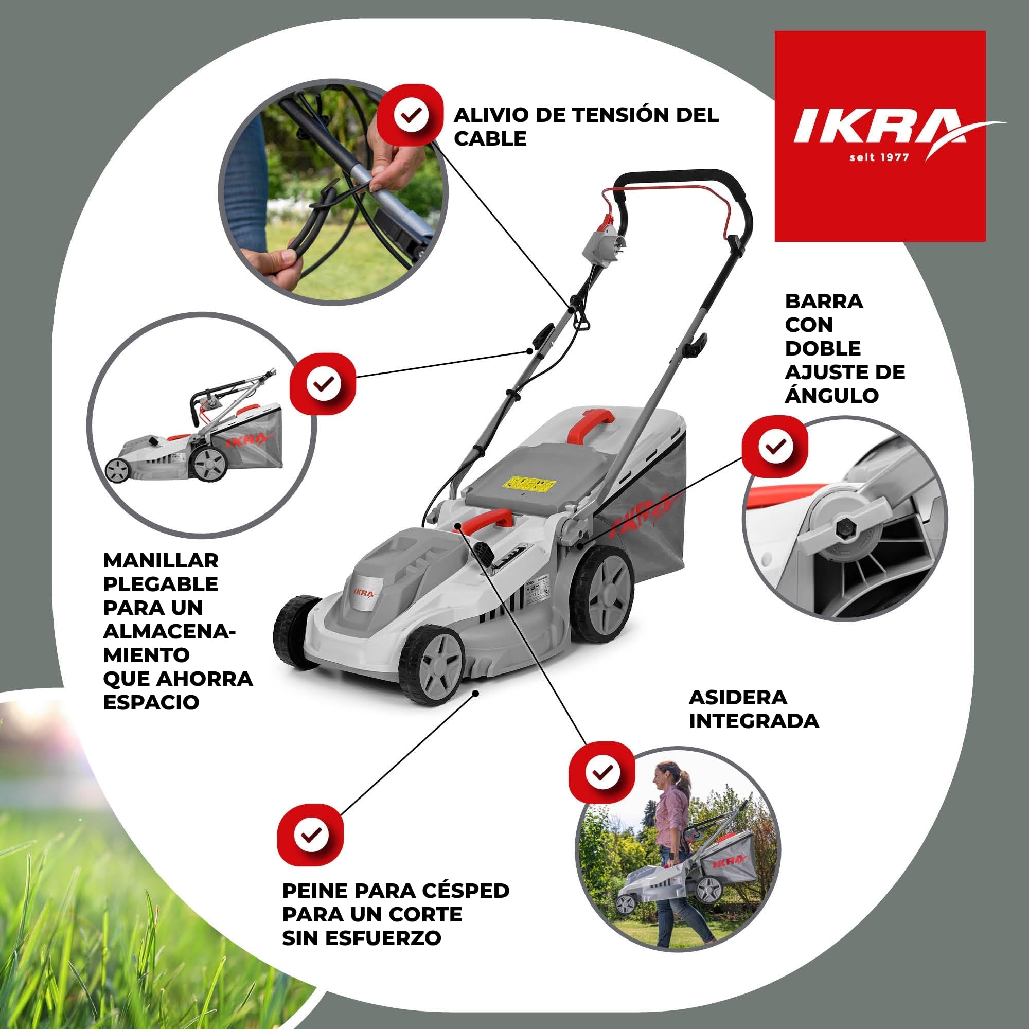 IKRA cortacésped eléctrico IERM 1638-1, 1600 W, Ancho de Corte 38 cm | Manillar regulable, altura de corte de 30-75mm, bolsa de colectora de 42 l, cuchilla de metal, manillar de guía plegable