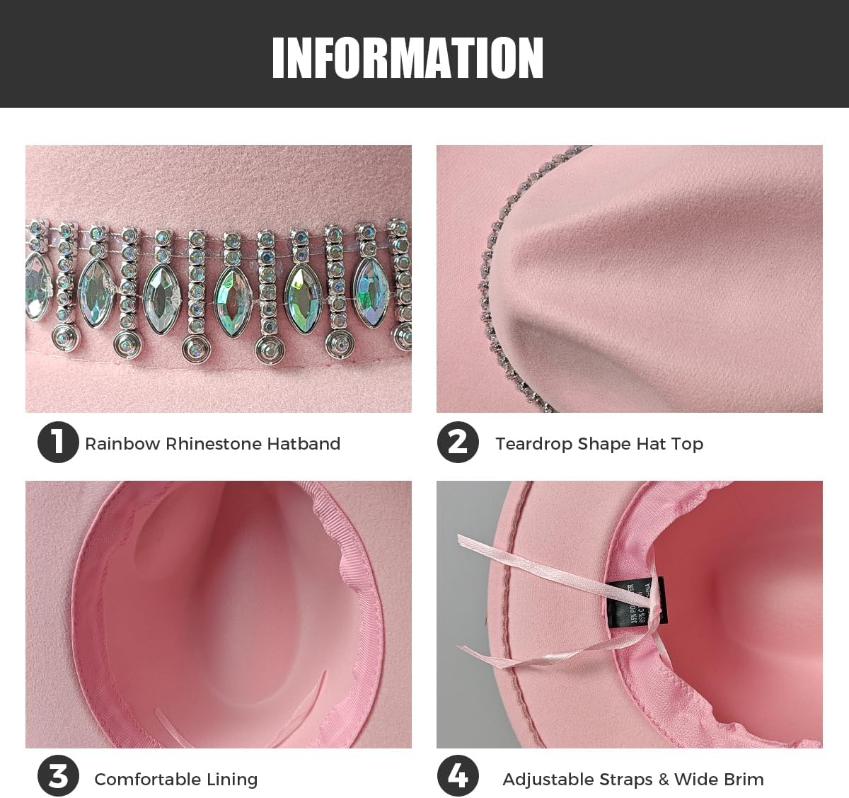 Fedora Hat for Men Women, Rhinestone Wide Brim Felt Panama Hat, Adjustable Winter Jazz Cap