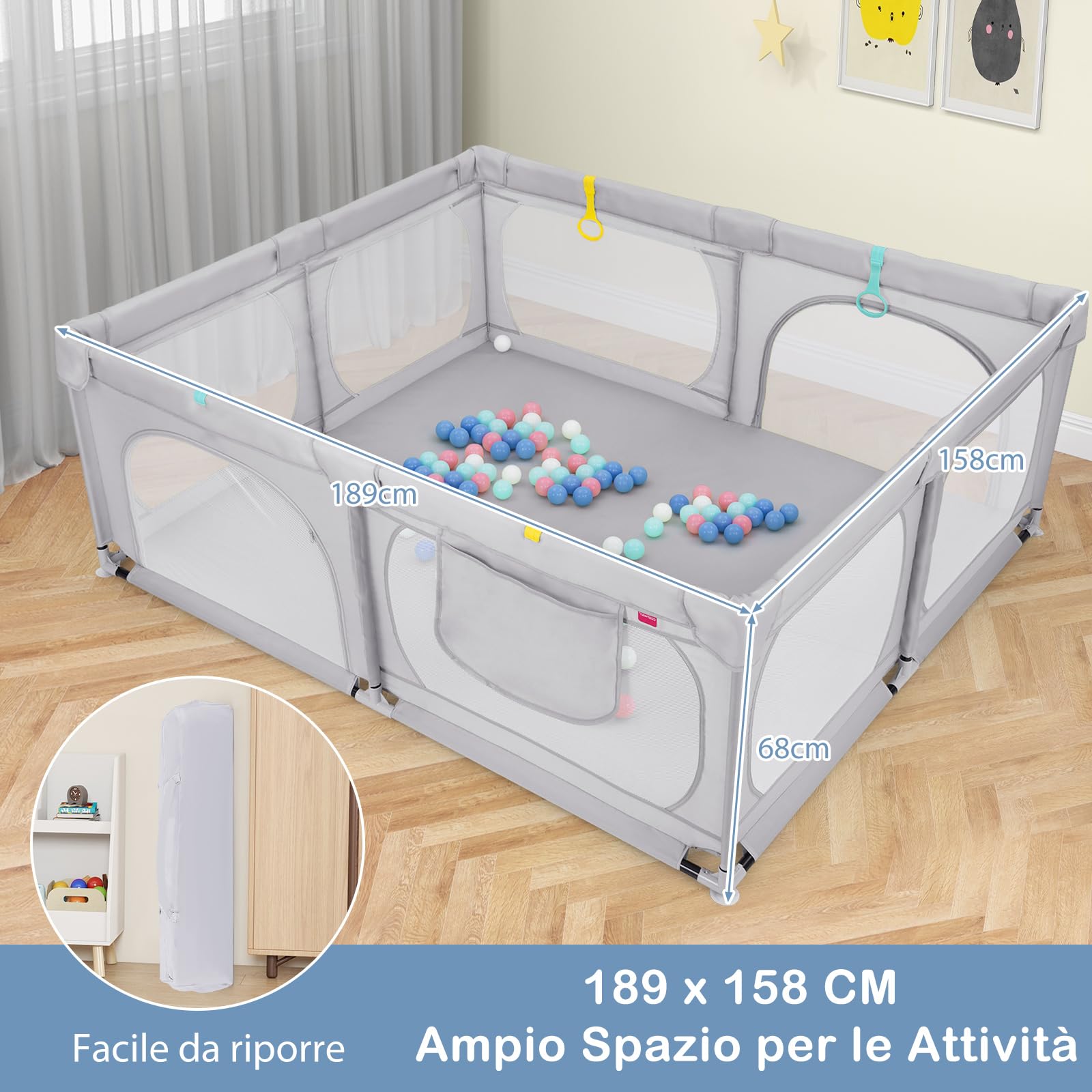 RELAX4LIFE Recinto Bambini con Base a Ventosa,Box Giochi, 4 Anelli e 50 Palline, 2 Entrate Laterali, Tasca Portaoggetti e Borsa Trasporto, Rete Traspirante (Grigio Chiaro, 189 x 158 cm)