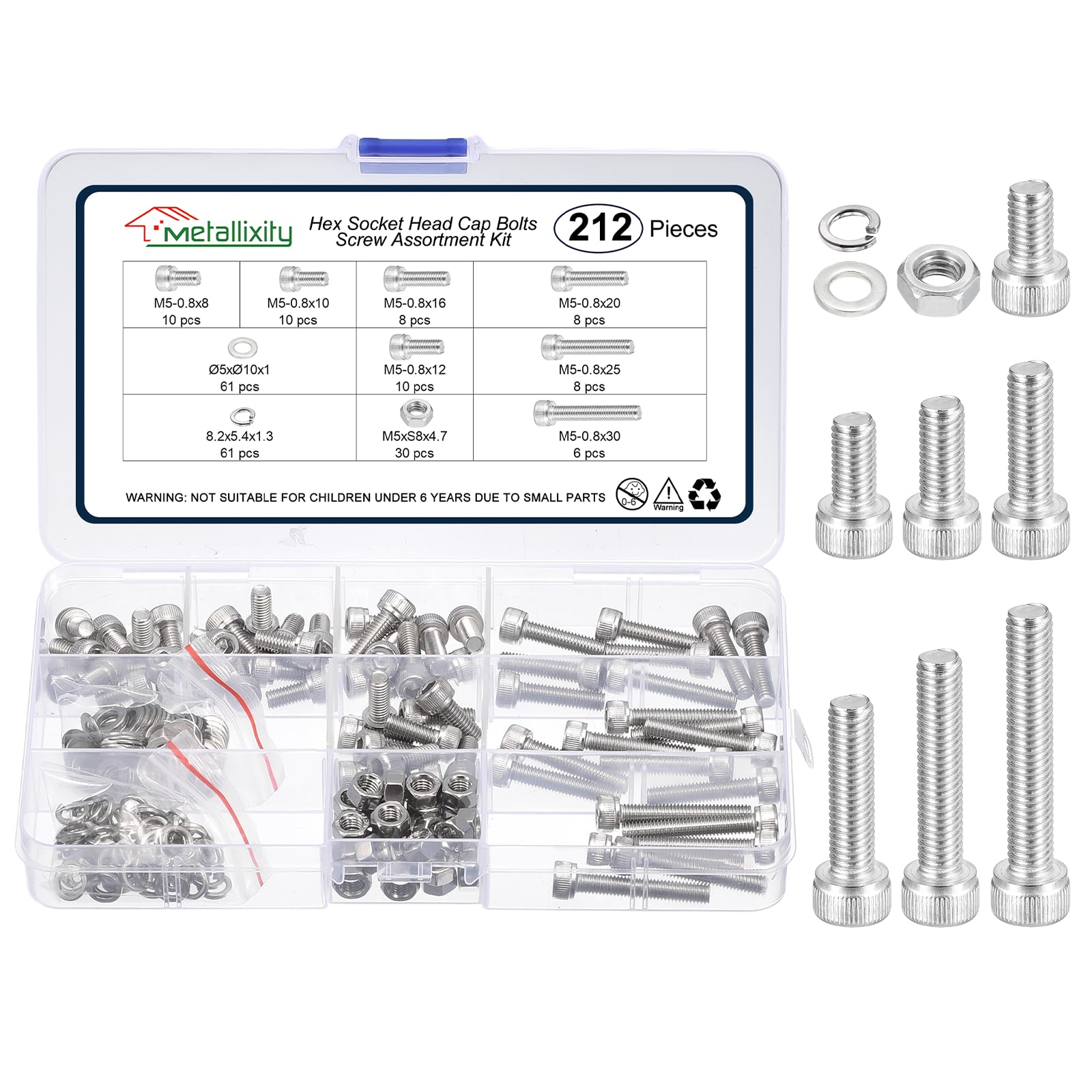 METALLIXITY Socket Head Cap Screws Kit (M5x8/10/12/16/20/25/30) 212Pcs, Stainless Steel Allen Socket Drive - Machine Internal Hex Screw, Silver — image 1