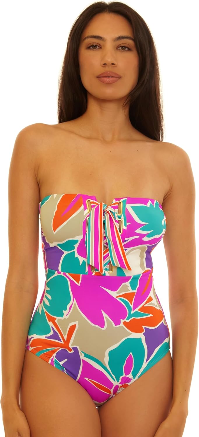 Trina Turk Women's Eyelet Lace Up Bandeau One Piece Swimsuit, Adjustable, Bathing Suits for Women