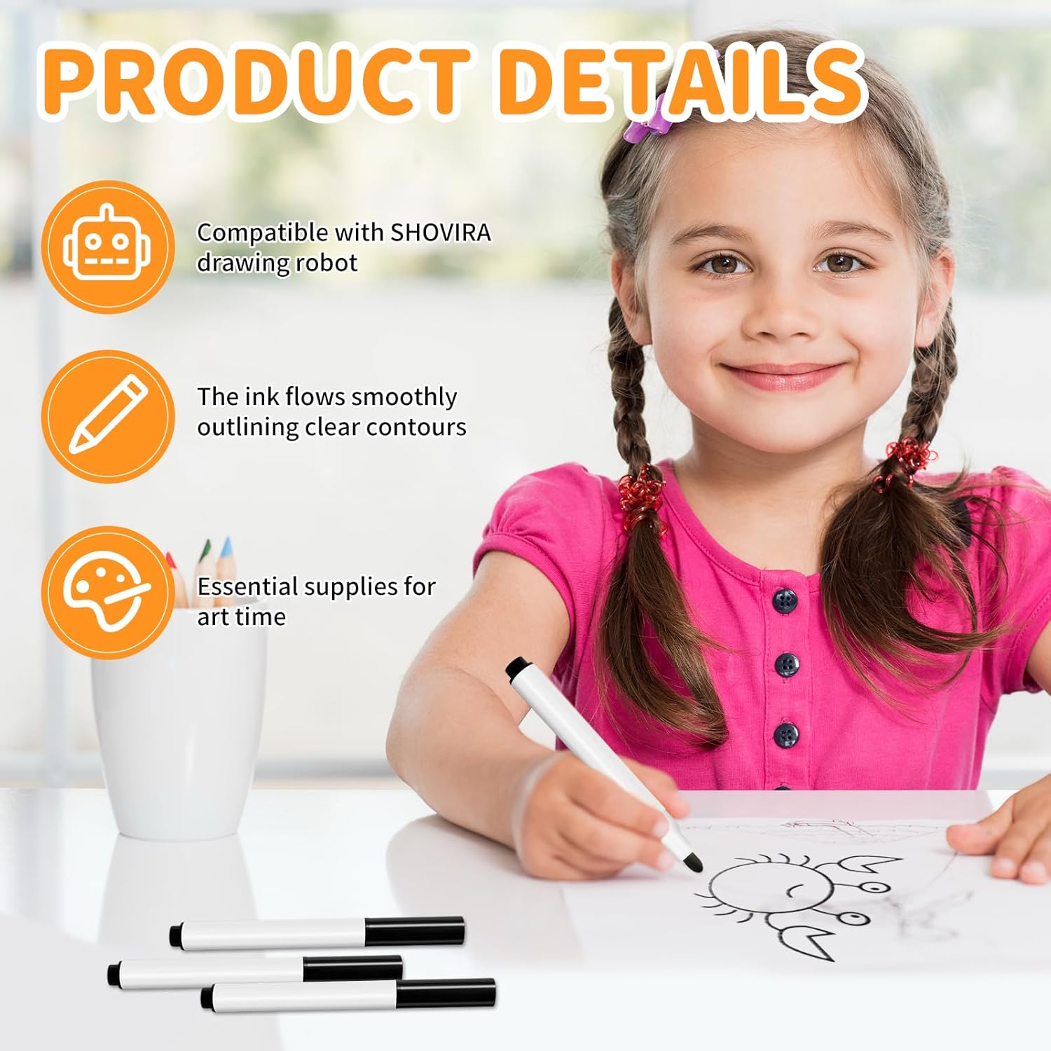 10 Pack Black Refill Drawing Pens Compatible Kids Smart Drawing Robot, Replacement Markers for Auto Sketching Machine