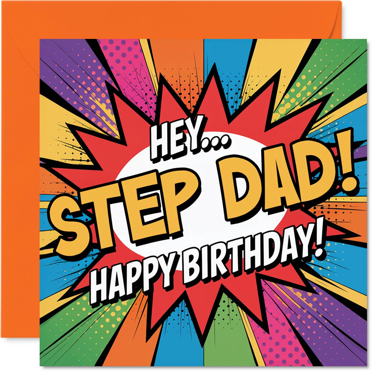 Playful Birthday Card for Step Dad - Bursting with Birthday Energy - Comic-style Multicolour Design for Stepdad Laughs - 145mm Square, Envelope Included