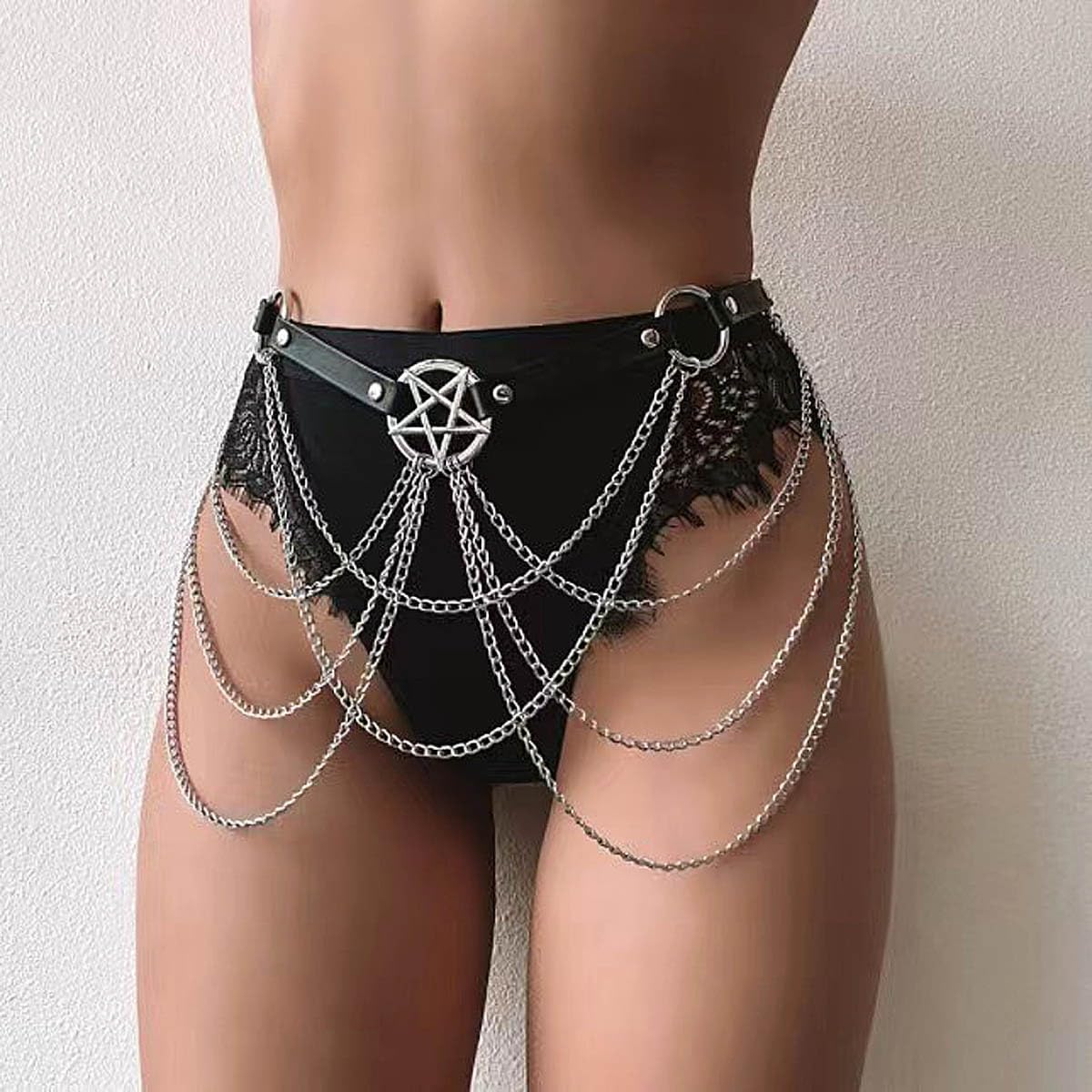 Punk Leather Body Chain Black Five-Pointed Star Waist Chain Layered Nightclub Ring Belt Belly Chain Rave Party Body Jewelry Accessories for Women