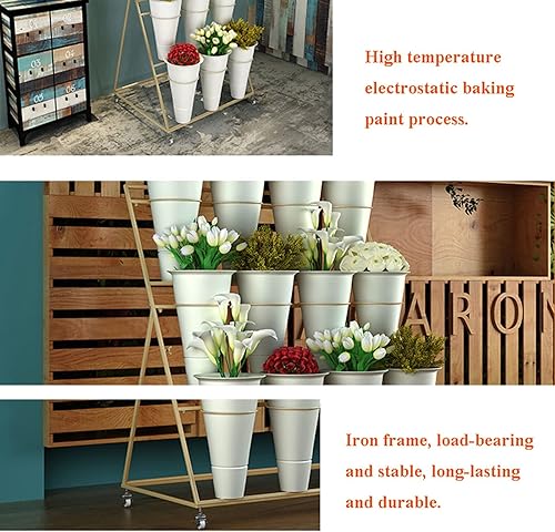 Miniatura 2 de Soporte de exhibición de flores, estante de 3 capas resistente para plantas móviles con ruedas y cubo, estante de floristería de hierro forjado,