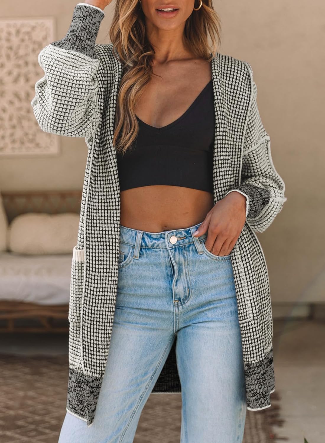 Sidefeel Women's Cardigan Sweaters Hooded Oversized Open Front Chunky Knit Plaid Sweater Coat Fall Fashion Tops - Image 2