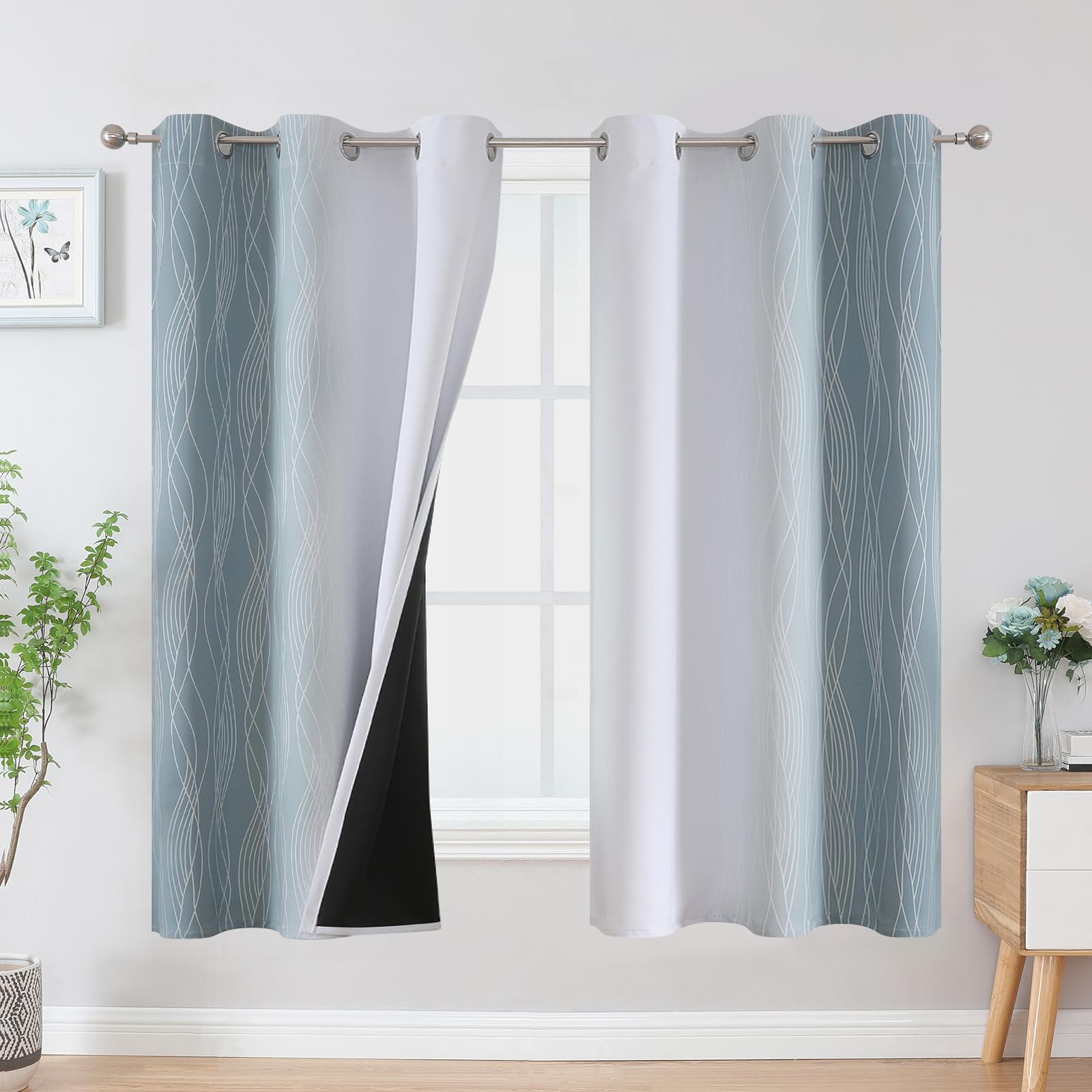 Stone Blue and Greyish White Blackout Curtains for Living Room 63 Inch Long