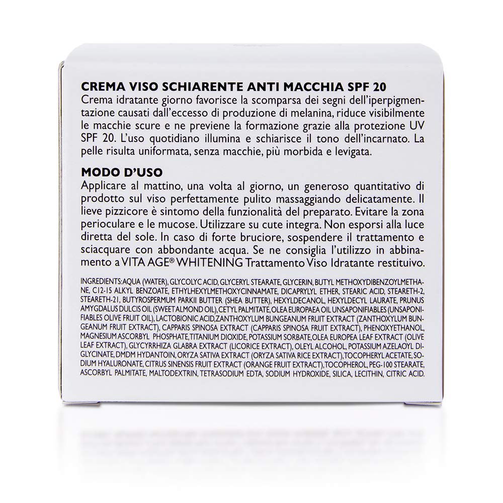 BOTTEGA DI LUNGA VITA CREMA VISO SCHIARENTE ANTI MACCHIA SPF 20 VITA-AGE WHITENING. Illumina, con complesso schiarente, acido glicolico. Vaso da 50 ml