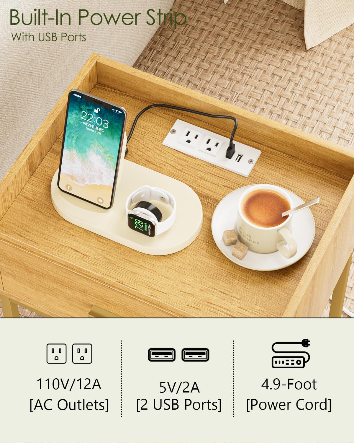 Nightstand with Charging Stat, Modern Bedside Table with Der and